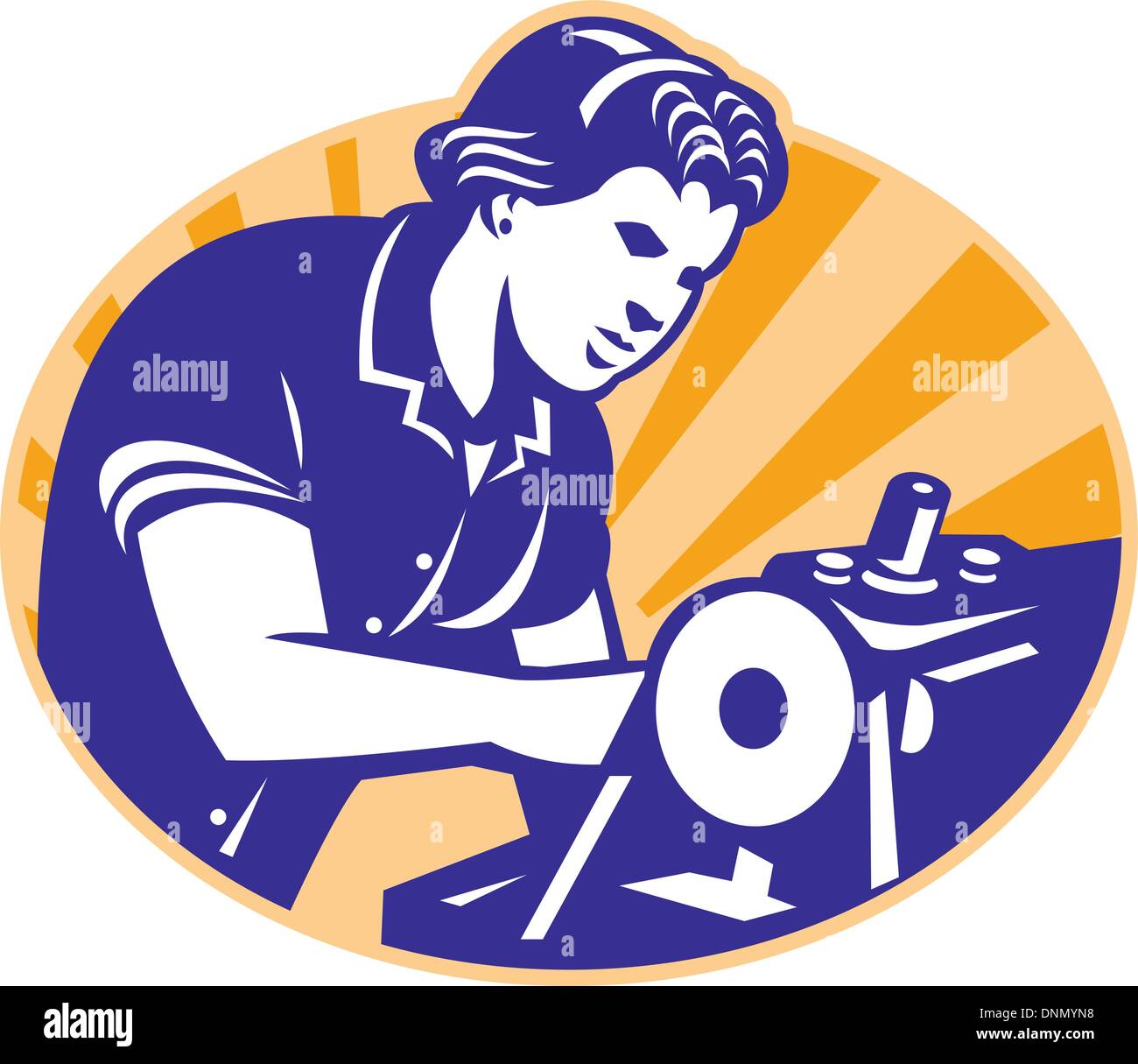 Illustrazione di una femmina di macchinista sarta lavoratore cucire sulla macchina impostata all'interno del cerchio fatto in stile retrò. Illustrazione Vettoriale