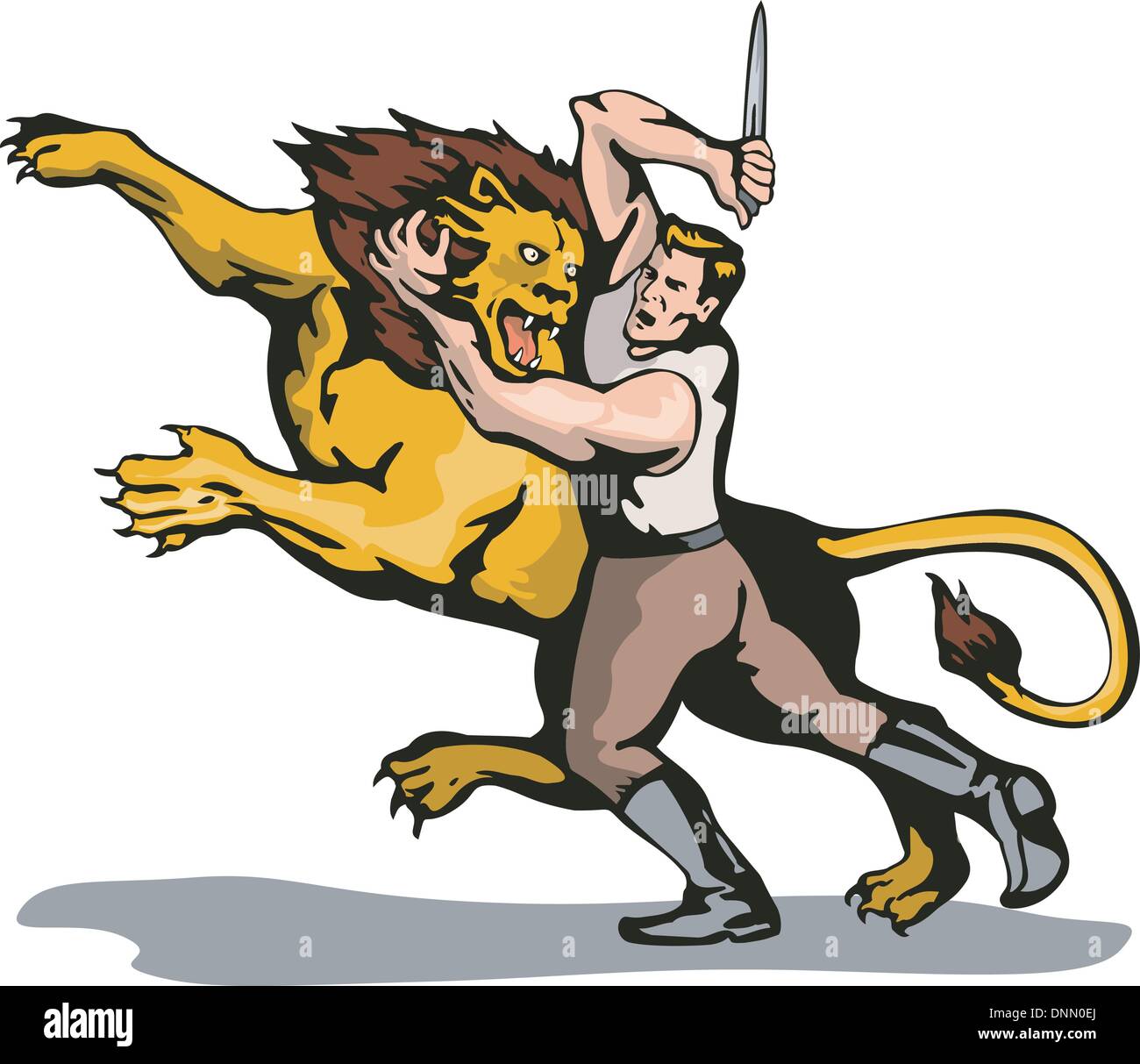 Illustrazione di un uomo con un coltello che combatte contro un lion isolati su sfondo bianco fatto in stile retrò. Illustrazione Vettoriale