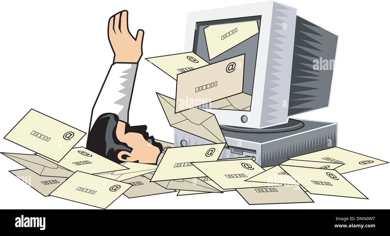 Illustrazione dell'uomo annegamento da spam mail busta proveniente dal monitor di un computer schermo isolato su sfondo bianco fatto in stile retrò. Illustrazione Vettoriale