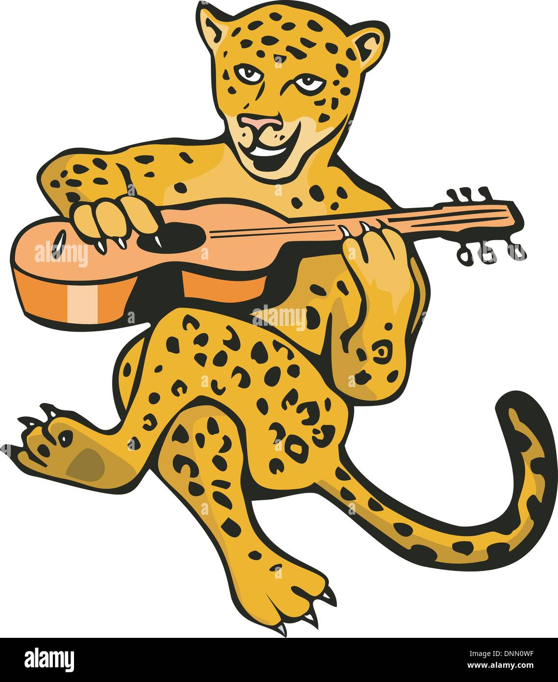 Illustrazione di un cartoon jaguar lion suonando la chitarra isolato su sfondo bianco fatto in stile retrò. Illustrazione Vettoriale