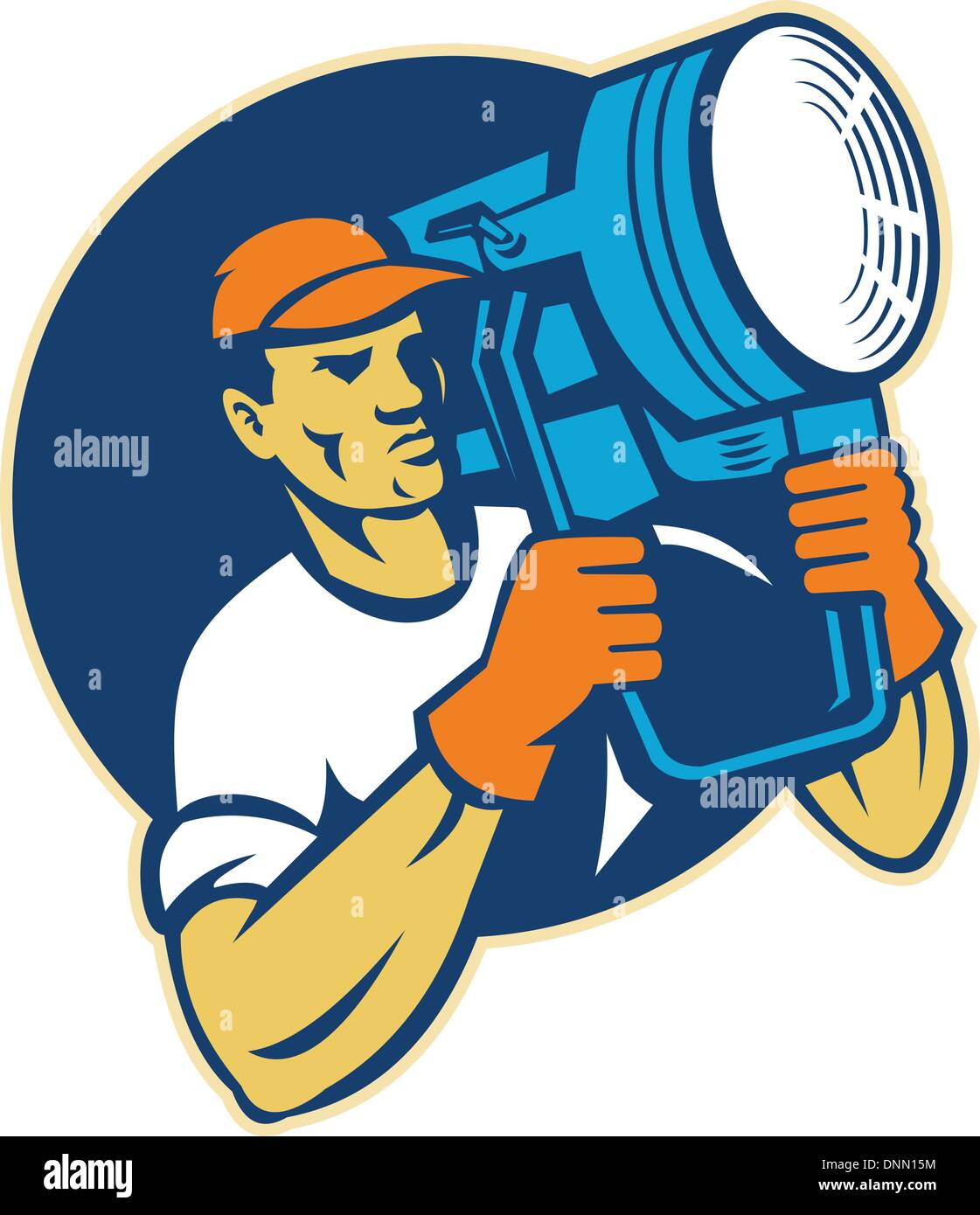 Illustrazione di un film equipaggio di illuminazione in possesso di un set di Spotlight all'interno di un cerchio Illustrazione Vettoriale