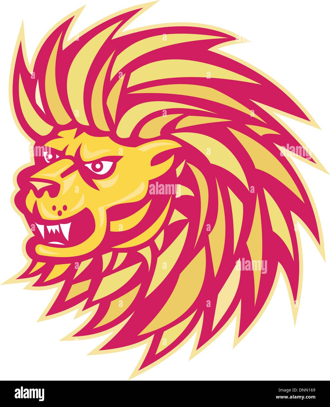 Illustrazione di un arrabbiato testa leone rivolto verso il lato fatto in stile retrò. Illustrazione Vettoriale