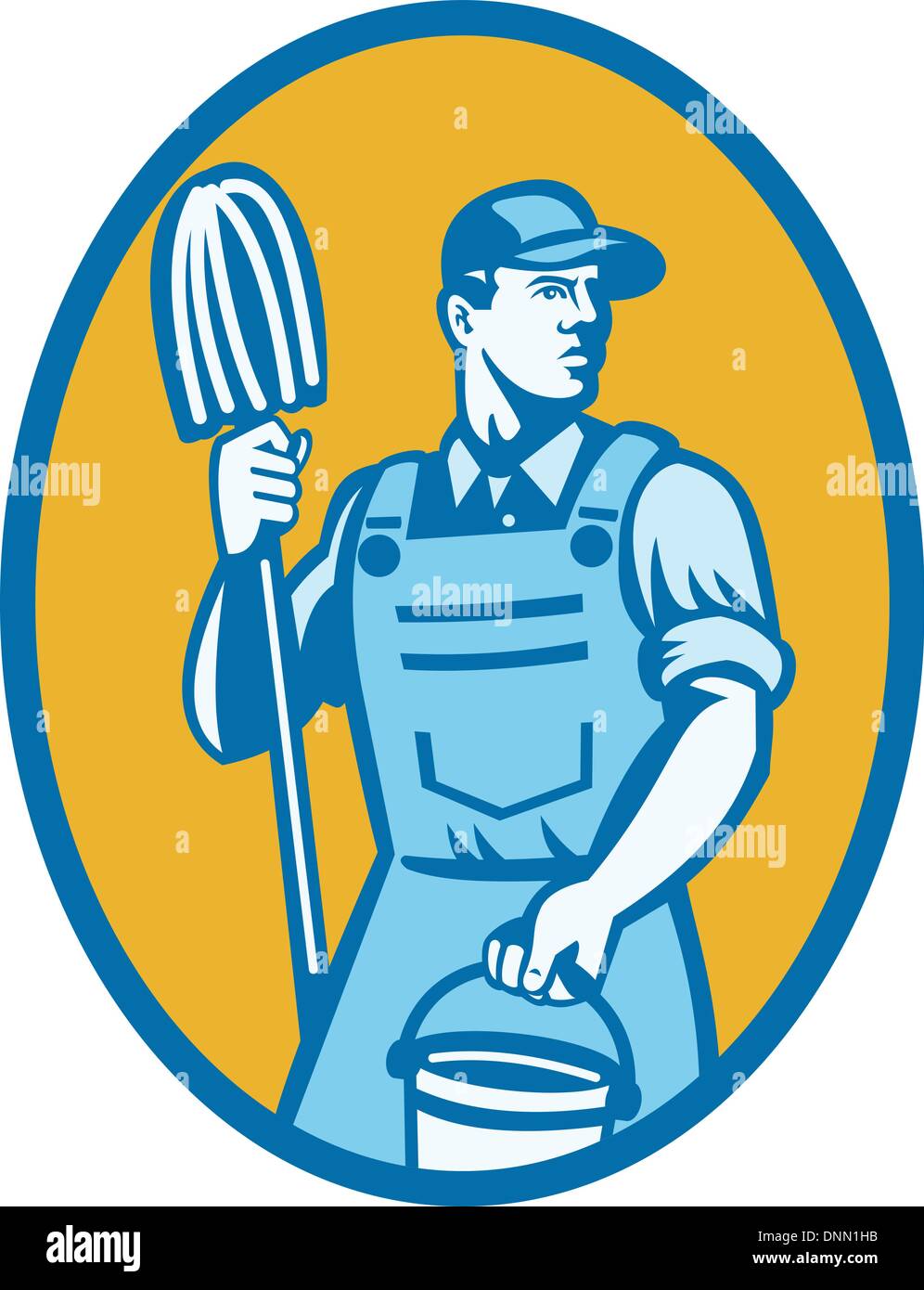 Illustrazione di un lavoratore di detergente per la pulizia portante mop e secchio imposta all'interno di ellisse fatto in stile retrò. Illustrazione Vettoriale