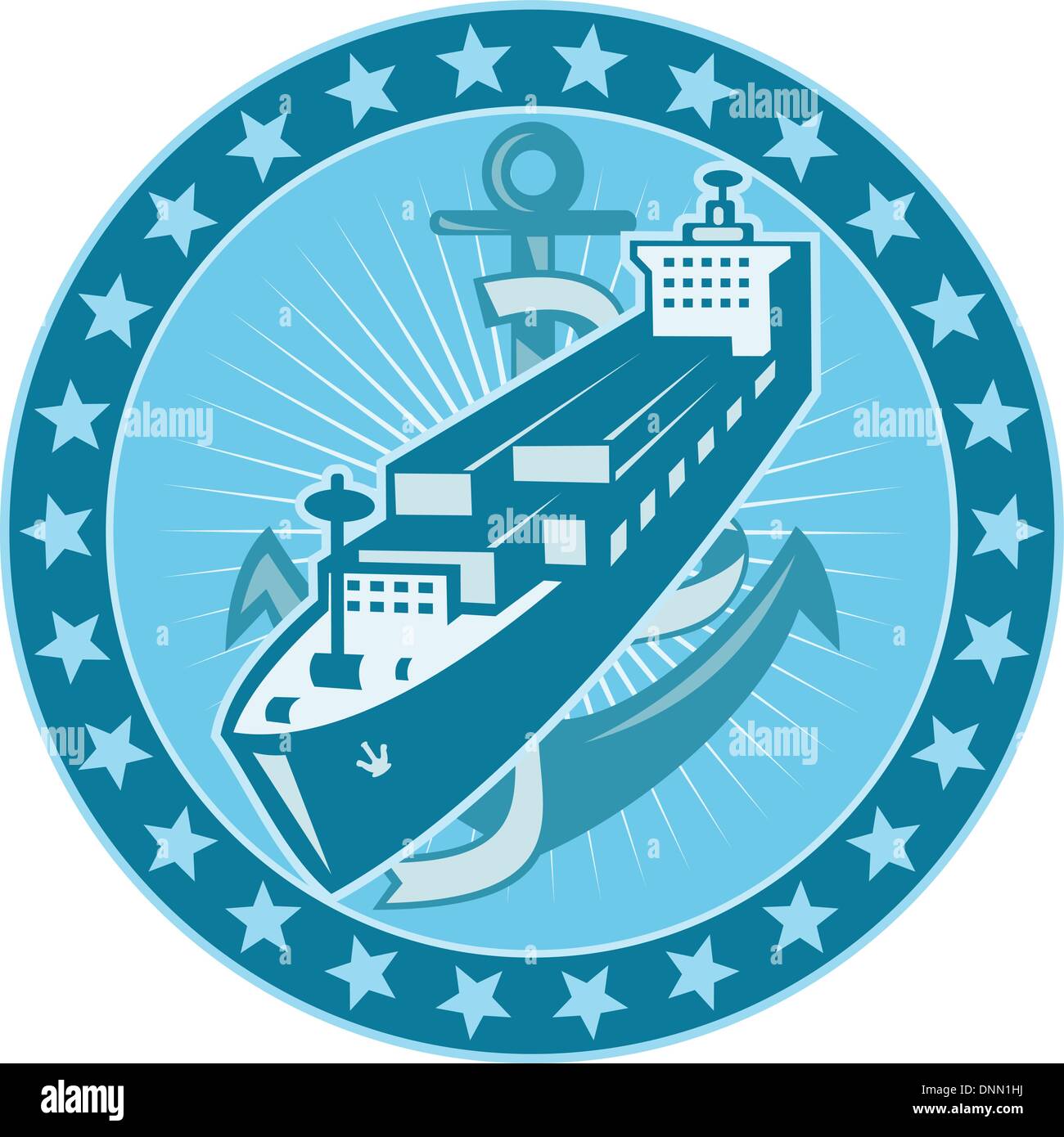 Illustrazione di un contenitore di carico su una nave da carico con set di ancoraggio all'interno del cerchio con stelle tutto fatto in stile retrò. Illustrazione Vettoriale