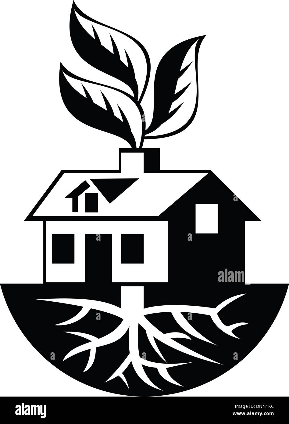 Illustrazione di una casa con radici e foglie germogliano dalla ciminiera eseguita in bianco e nero. Illustrazione Vettoriale