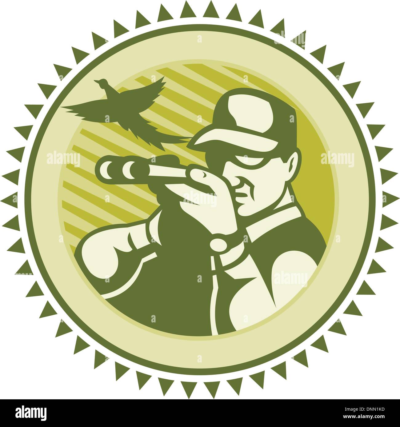 Illustrazione di un cacciatore maschio tiratore di puntamento fucile fucile con fagiano uccello battenti fatto rétro xilografia stile. Illustrazione Vettoriale