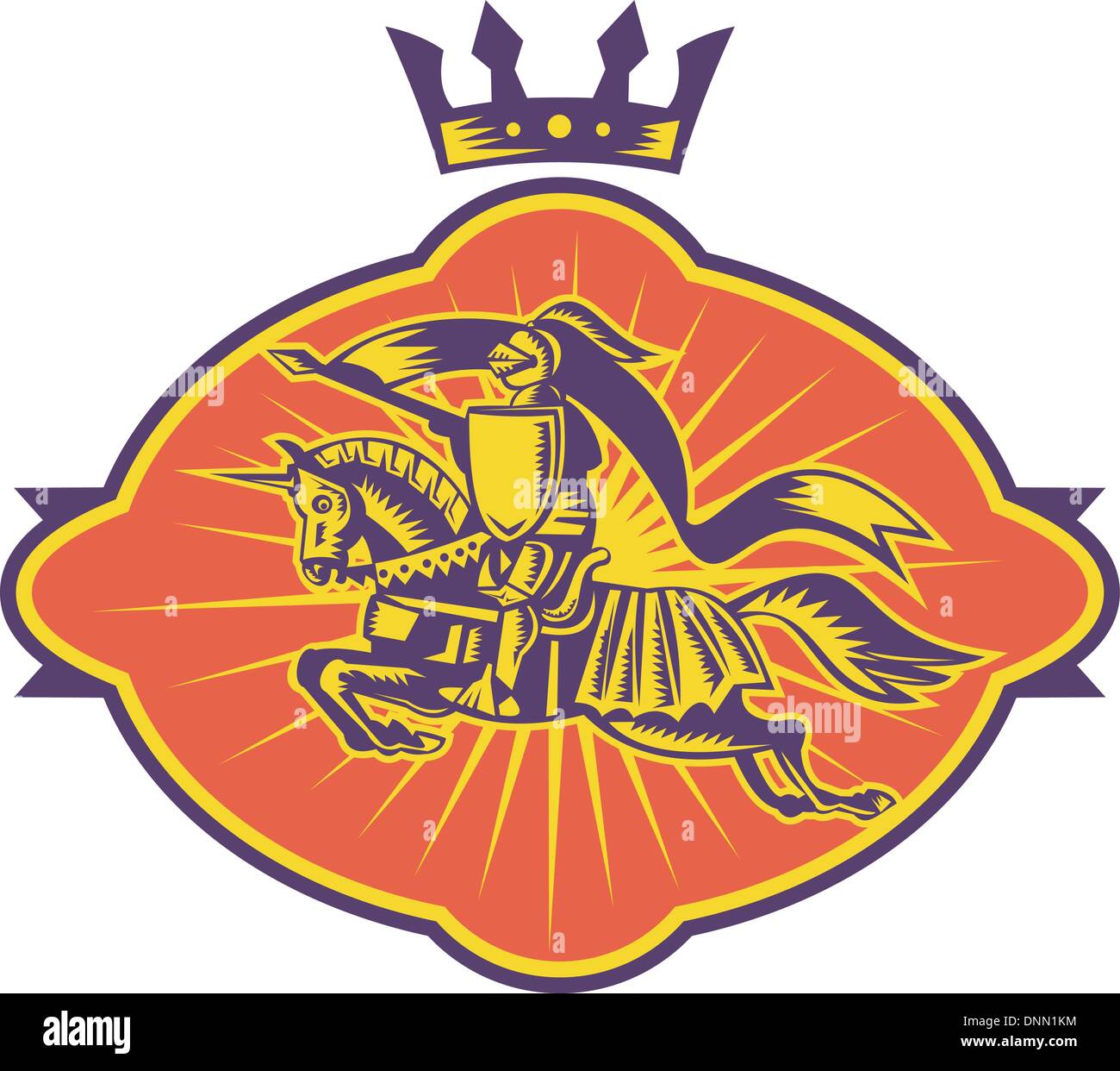 Illustrazione di un cavaliere a cavallo con la lancia e lo scudo anteriore rivolta verso fatto rétro xilografia stile. Illustrazione Vettoriale