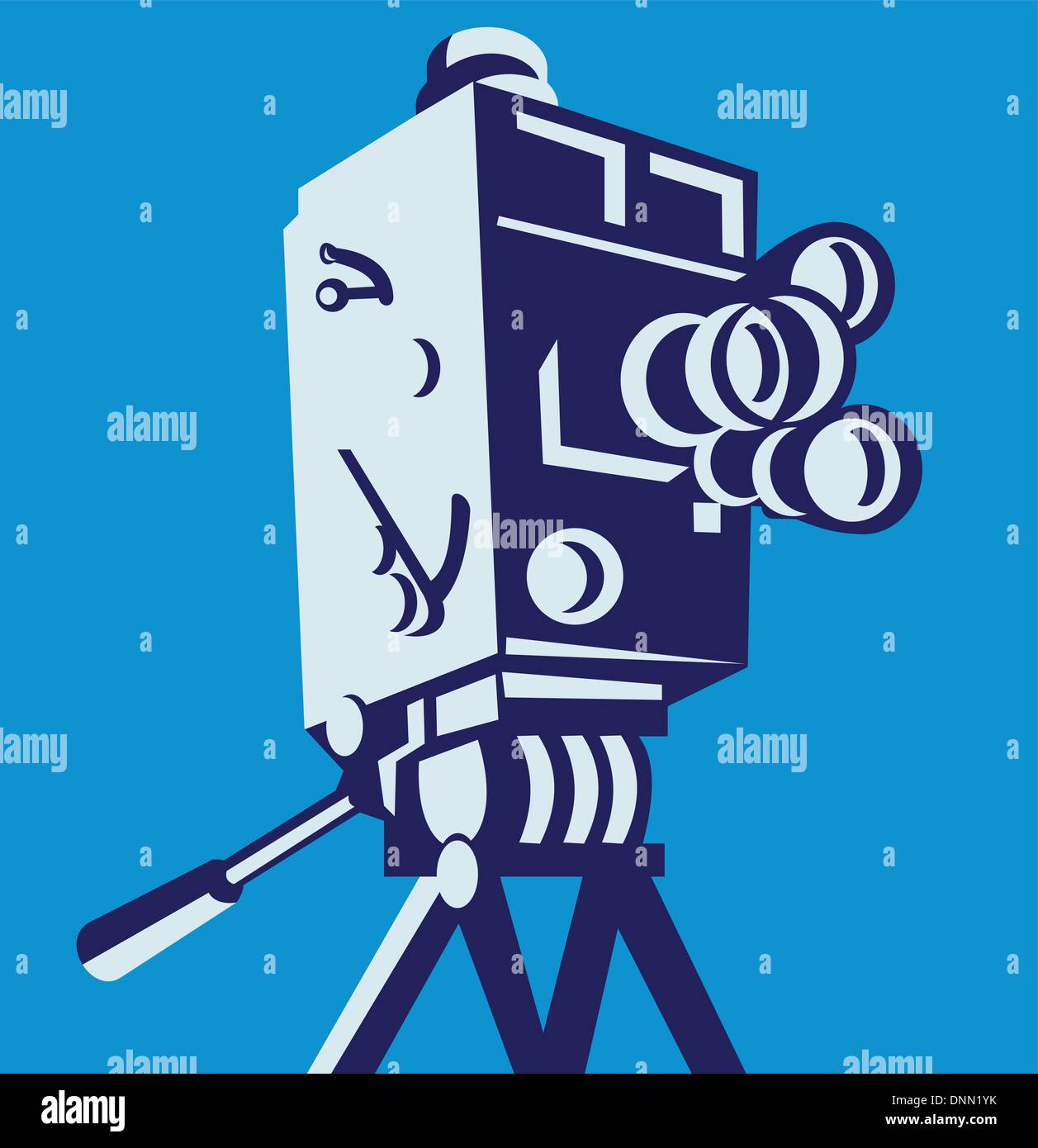 Illustrazione di un vintage film telecamera video visto dal basso angolo impostato quadrato interno fatto in stile retrò. Illustrazione Vettoriale