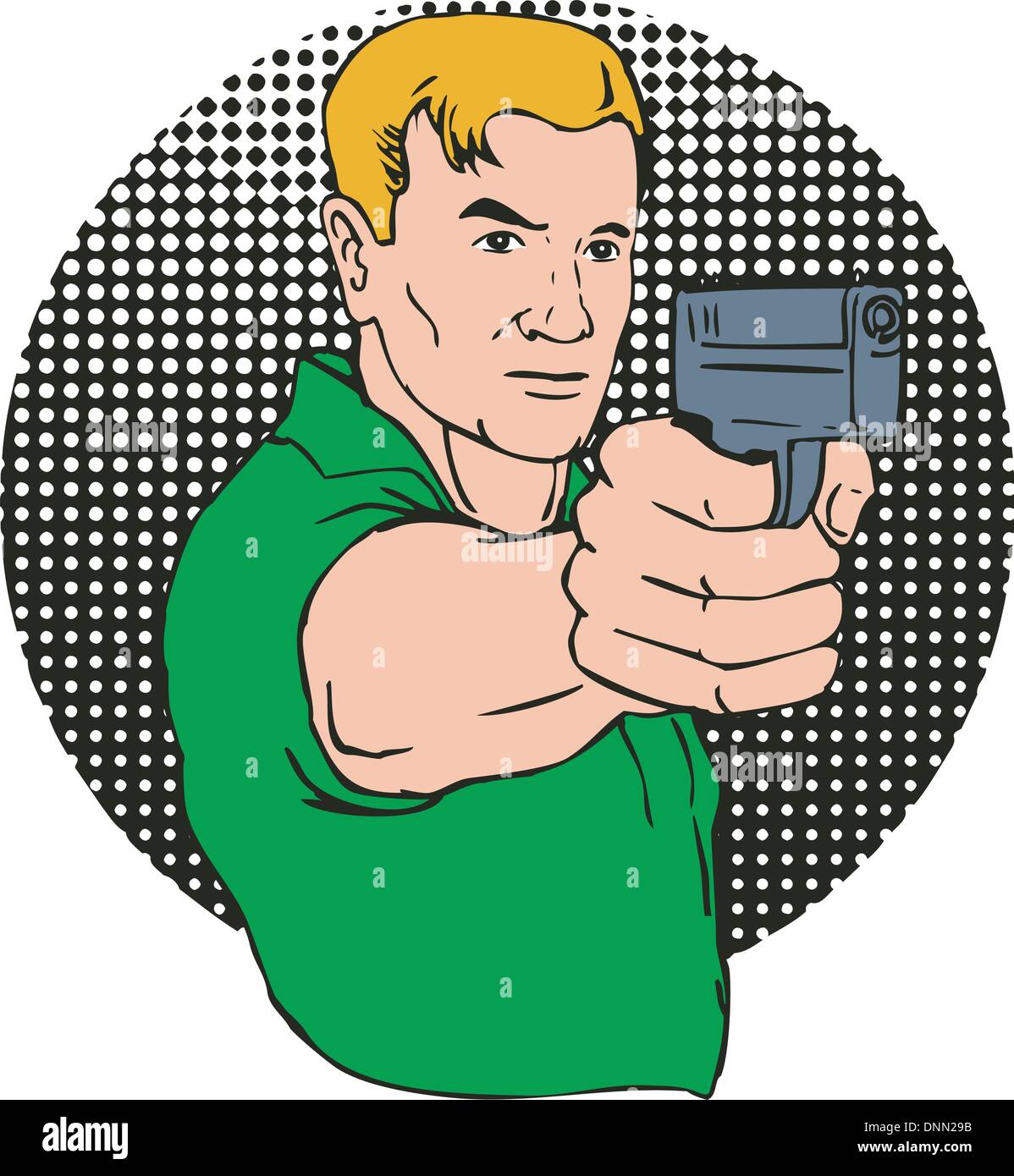 Illustrazione dell'uomo pistola di puntamento fatto in stile retrò. Illustrazione Vettoriale