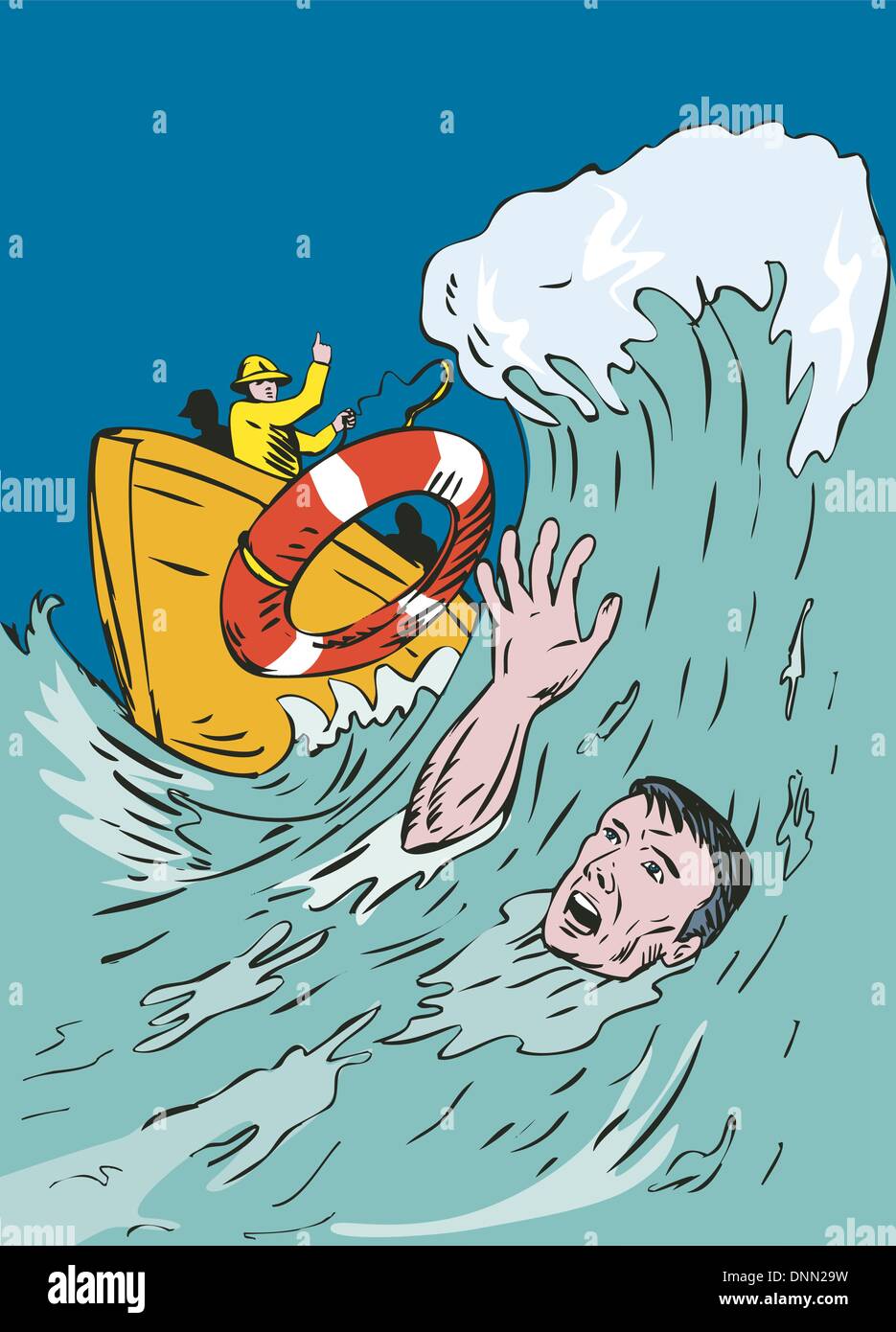 Illustrazione dell'uomo annegamento e uomo bagnino di salvataggio fatto in stile retrò. Illustrazione Vettoriale