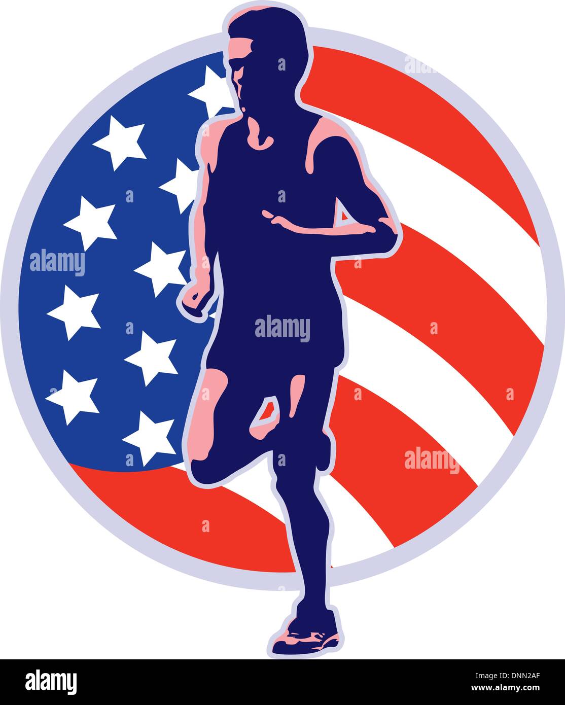 Illustrazione di un maratoneta in esecuzione il jogging con American a stelle e strisce flag impostato all'interno del cerchio isolato su sfondo bianco fatto in stile retrò Illustrazione Vettoriale