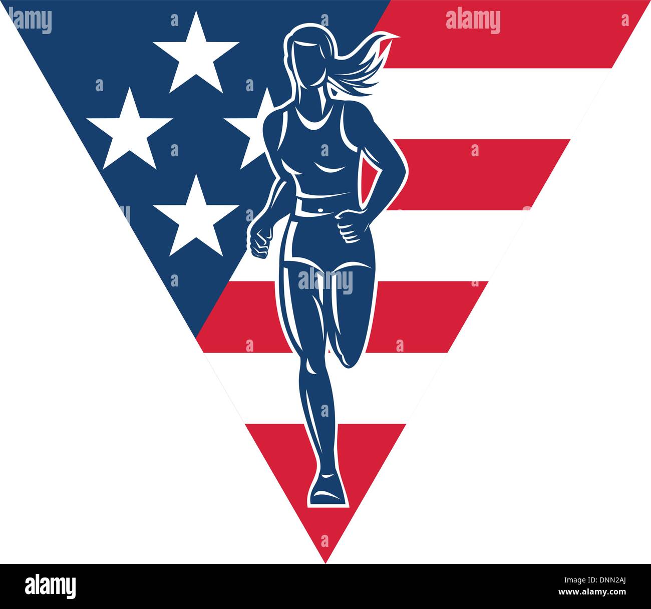 Illustrazione di una maratona femminile road runner fitness pareggiatore di formazione in esecuzione su strada con la bandiera americana a stelle e strisce in background del triangolo interno Illustrazione Vettoriale