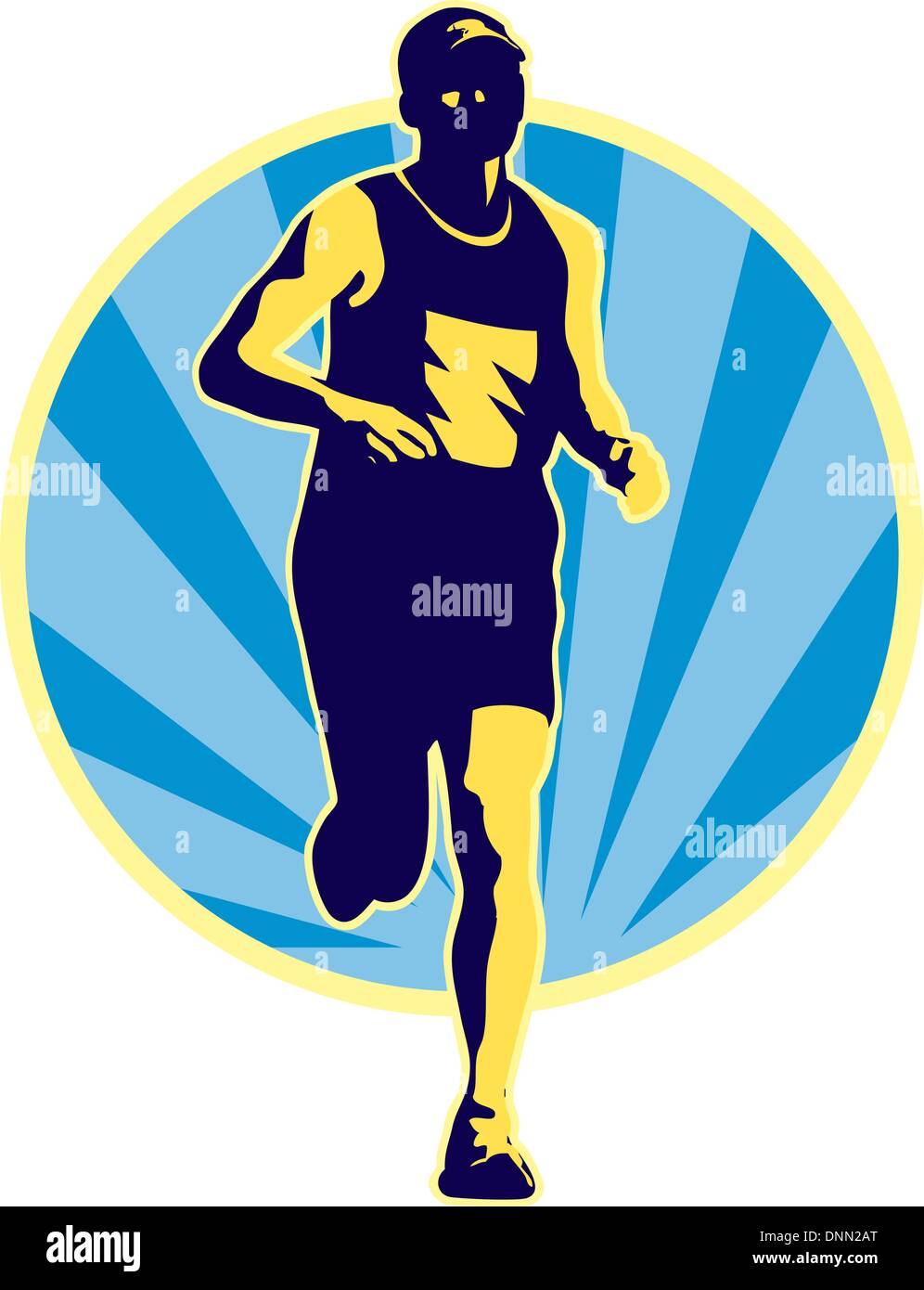 Illustrazione di un maratoneta in esecuzione il jogging con sunburst isolato su sfondo bianco fatto in stile retrò Illustrazione Vettoriale