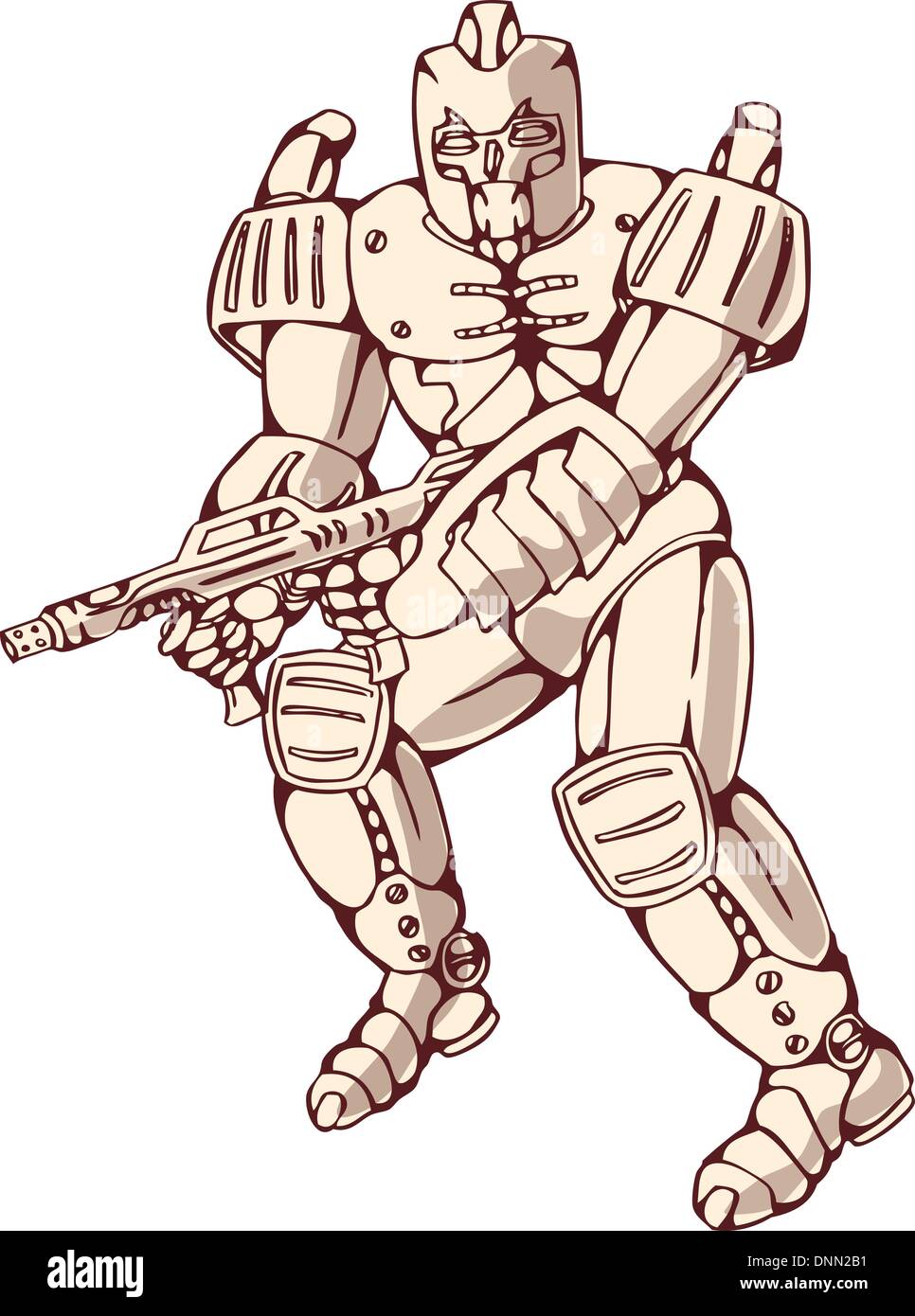 Illustrazione di un mecha robot guerriero jumping sparare pistola vista laterale isolata su sfondo bianco Illustrazione Vettoriale