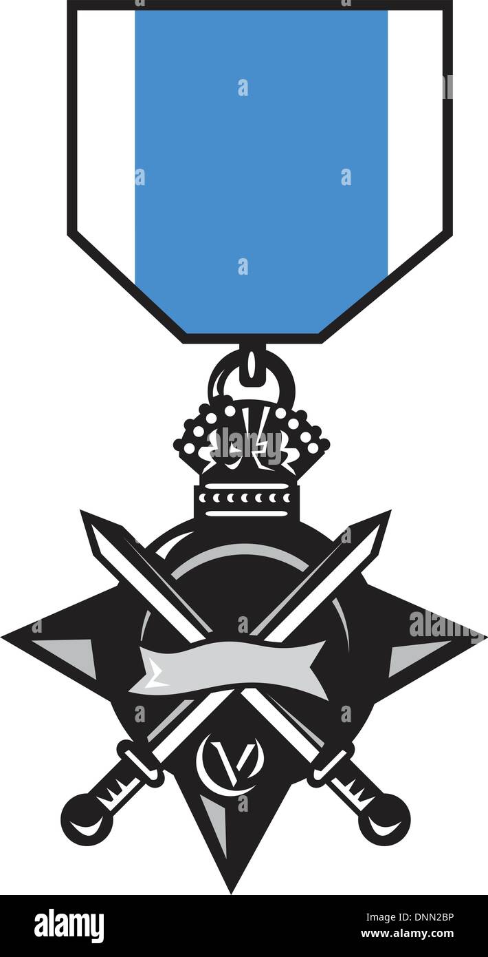 Illustrazione di una medaglia militare di coraggio, onore e valor mostra una spada incrociate con la corona isolato su bianco Illustrazione Vettoriale