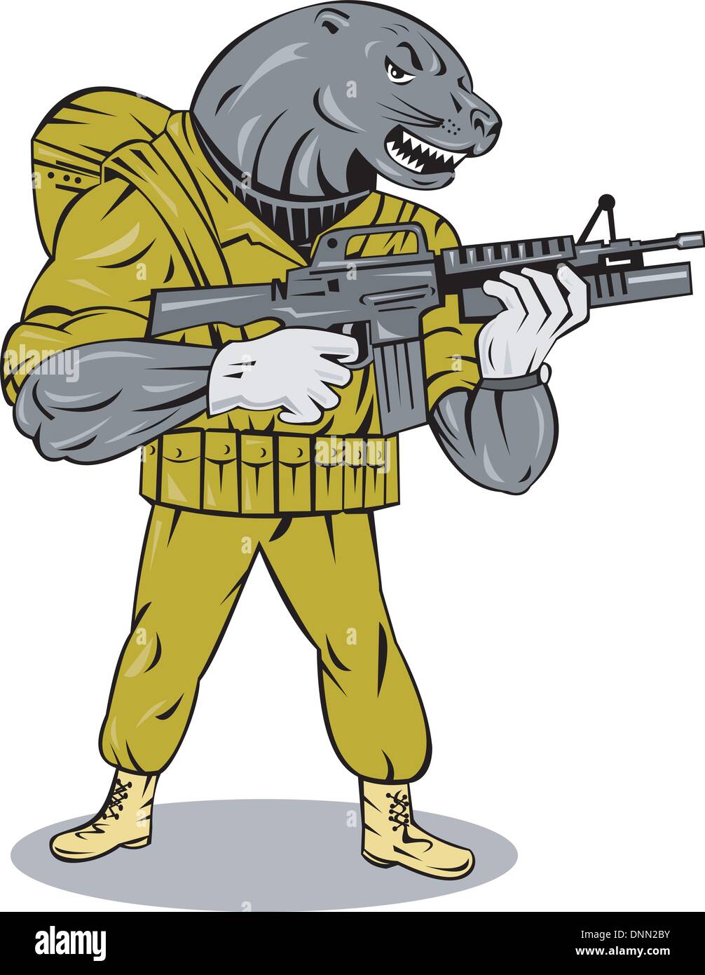 Illustrazione di alien militari di mantenimento a tenuta insieme a pistola in sfondo bianco fatto in stile retrò. Illustrazione Vettoriale