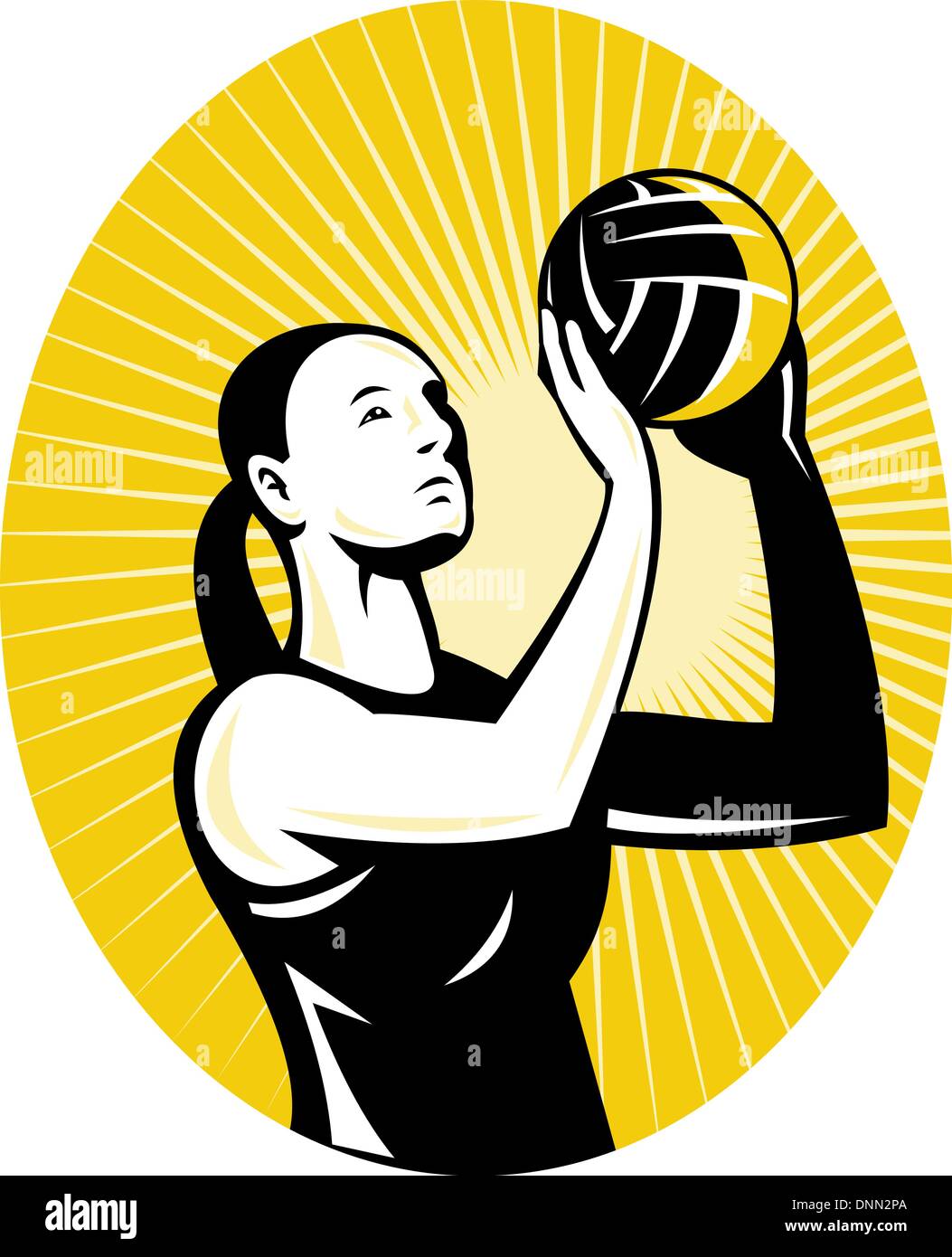 Illustrazione di un netball player sparatutto obiettivo le riprese delle sfere in background ovale fatto in stile retrò Illustrazione Vettoriale