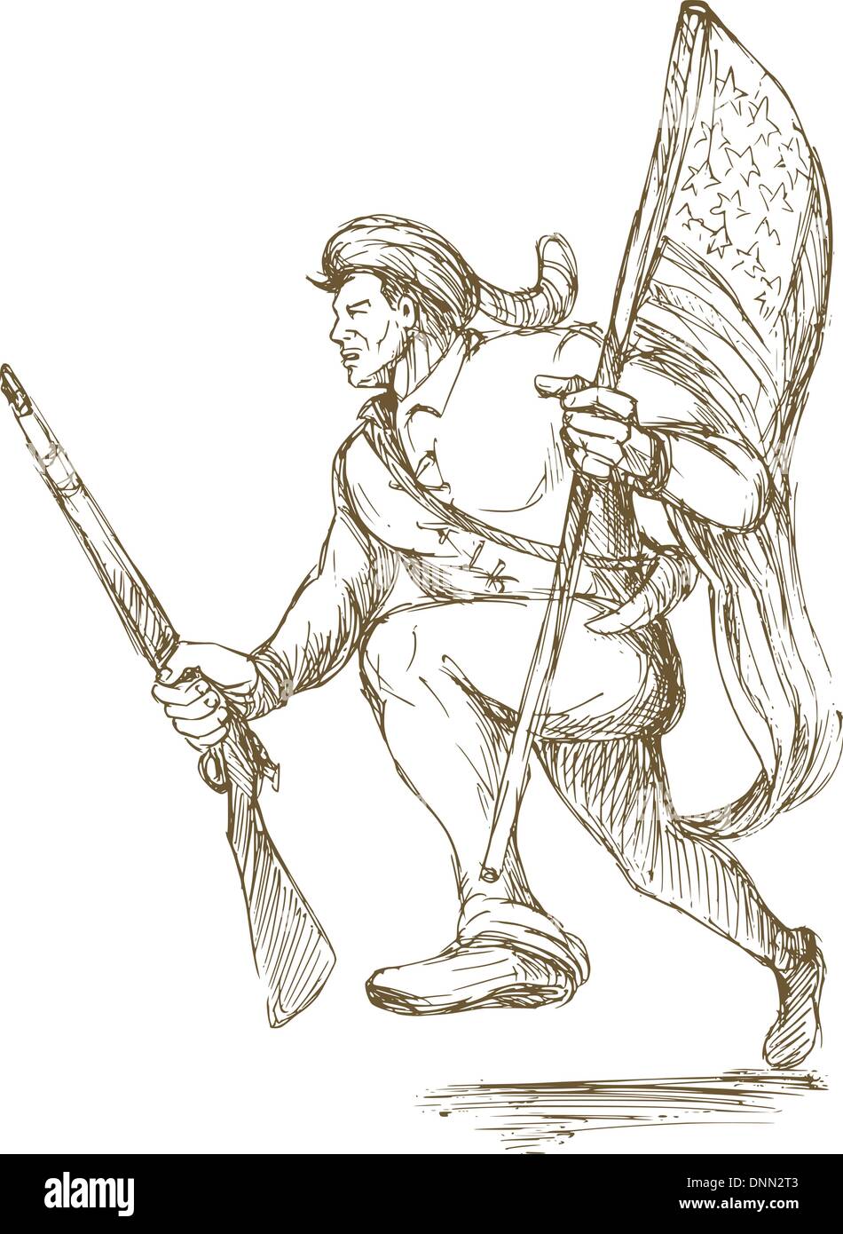 Disegnata a mano illustraion di Daniel Boone rivoluzionaria americana bandiera portante degli Stati Uniti d'America Illustrazione Vettoriale