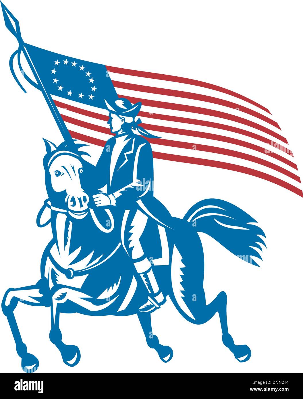 Illustrazione di una rivoluzionaria americana un generale di equitazione con Betsy Ross Bandiera Illustrazione Vettoriale