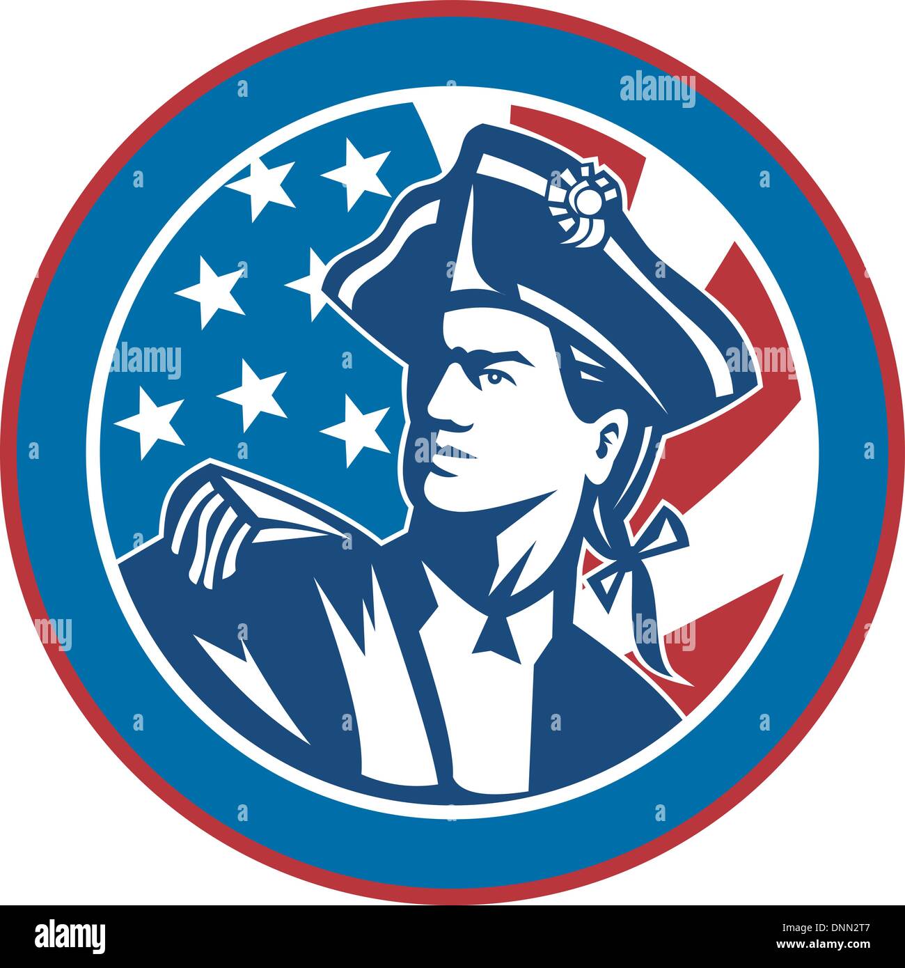 Illustrazione di un American soldato rivoluzionario con stelle e strisce di bandiera in background imposta all'interno di un cerchio Illustrazione Vettoriale