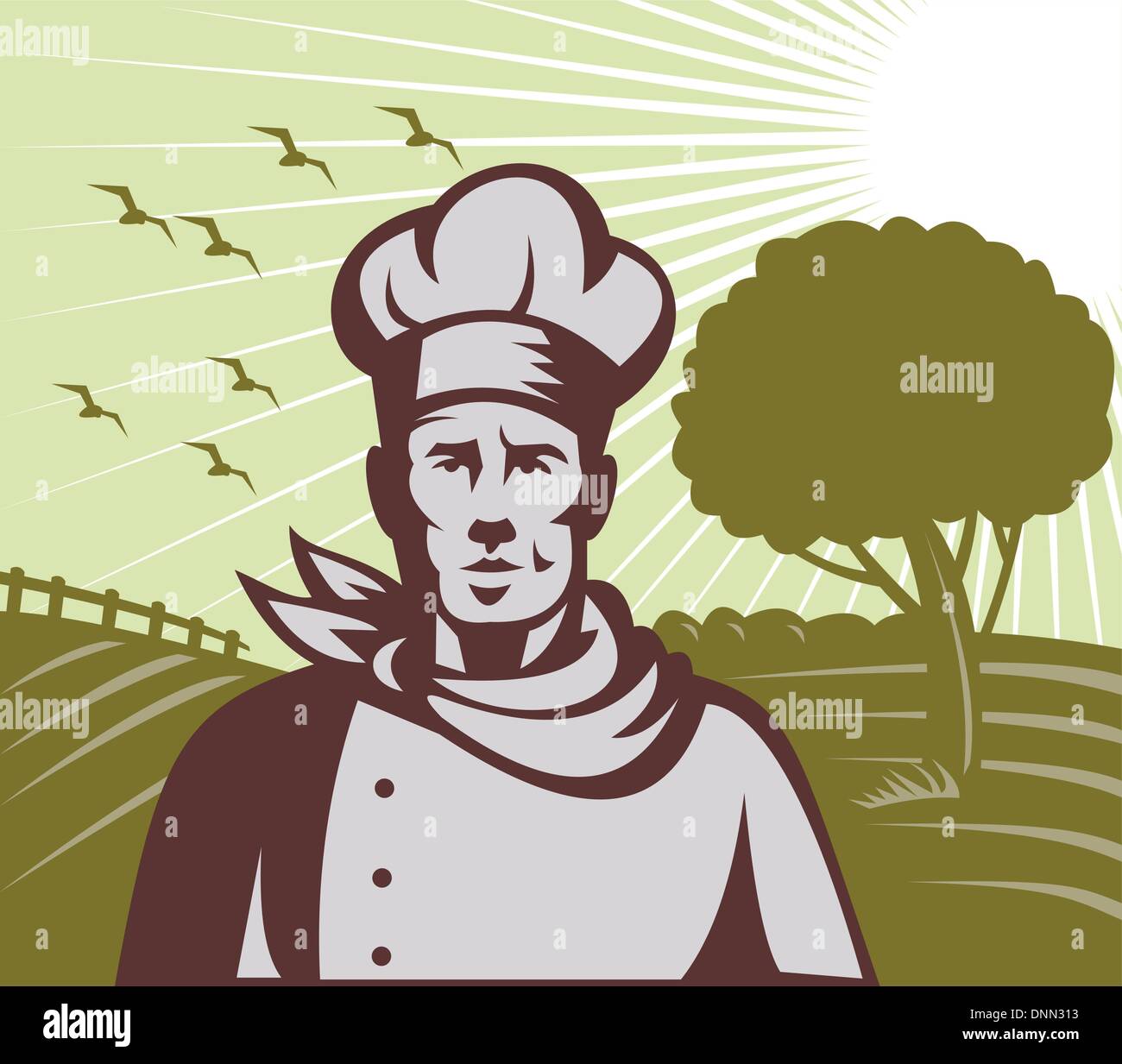 Illustrazione di un fornaio chef o cuoco con impostazione di fattoria in background fatto rétro xilografia style Illustrazione Vettoriale