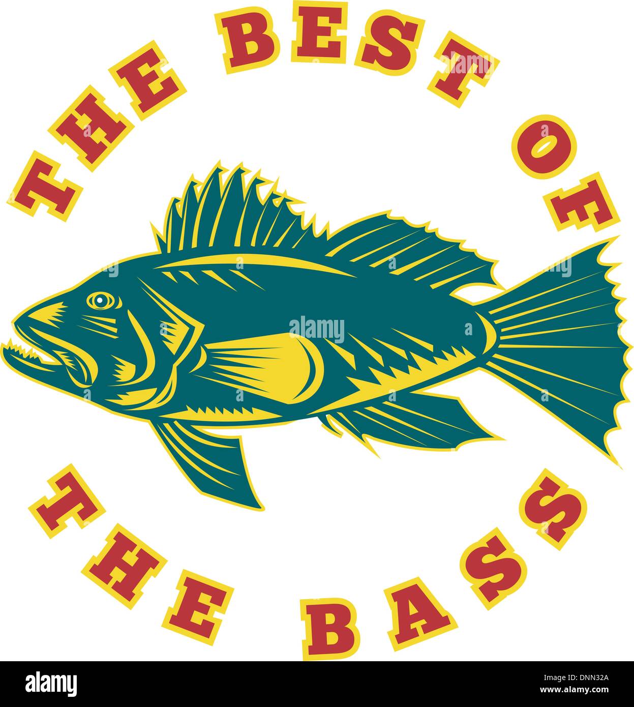 Illustrazione di un branzino pesce visto dal lato con le parole 'il meglio della bass" fatto rétro xilografia style Illustrazione Vettoriale