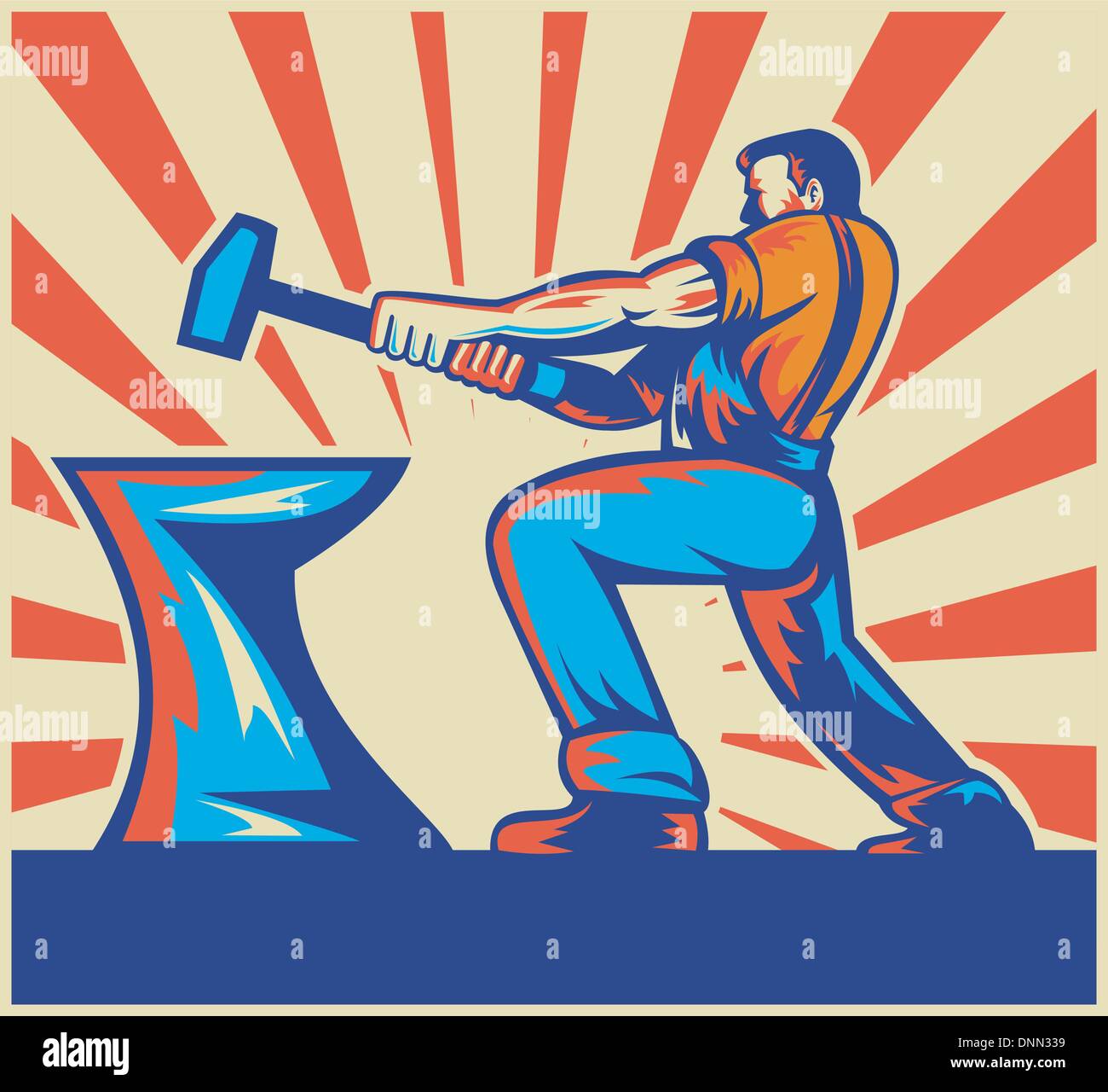 Illustrazione di un lavoratore di sesso maschile o fabbro massa battente e incudine con sunburst in background fatto in stile retrò Illustrazione Vettoriale