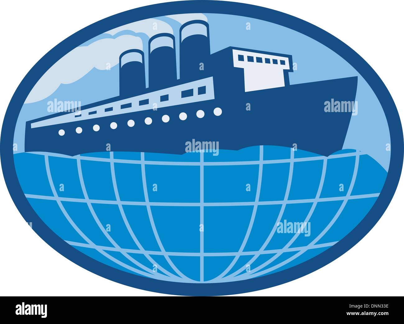 Illustrazione di un ocean liner nave barca in mare con globo imposta all'interno di un ellisse Illustrazione Vettoriale