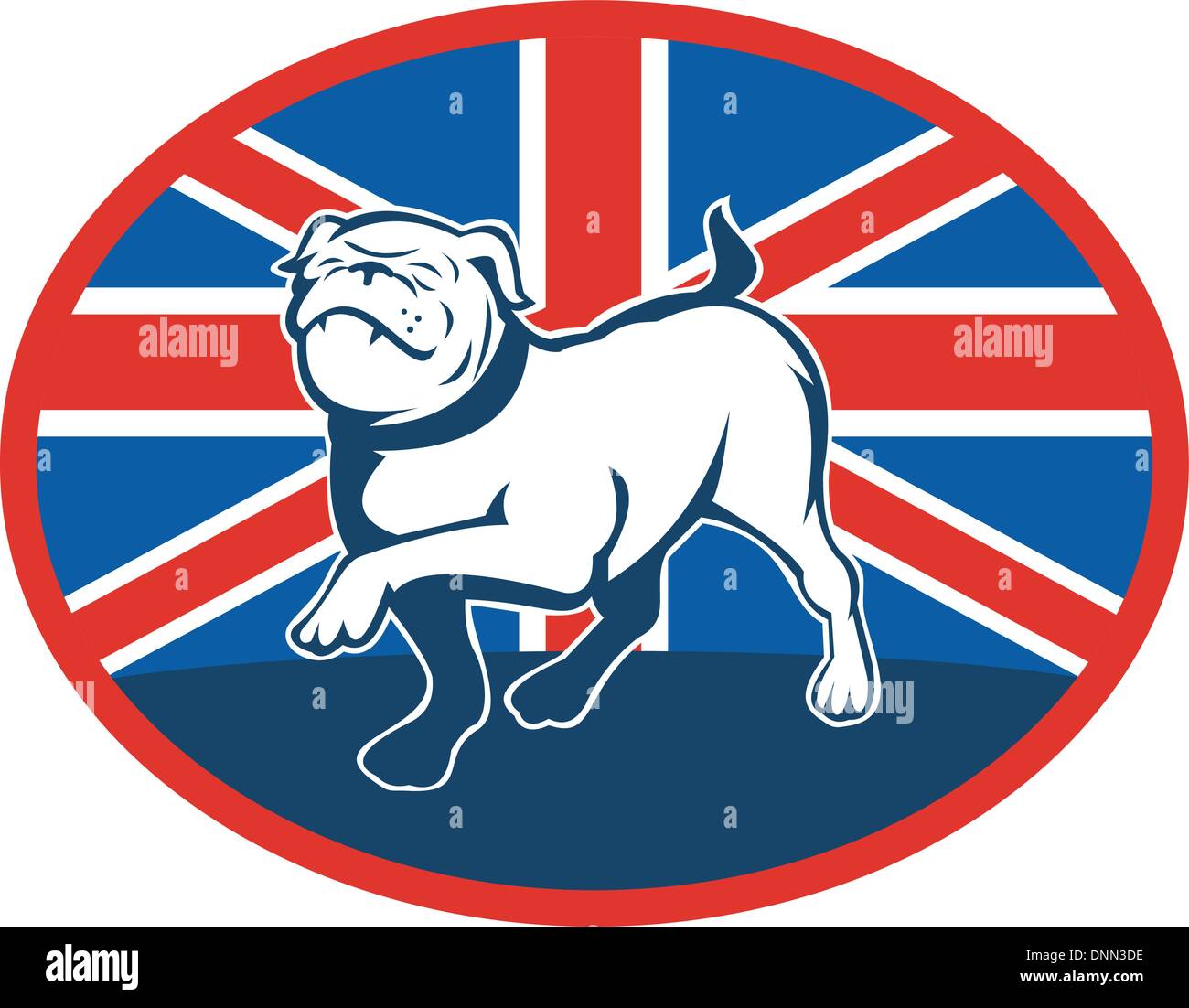 Illustrazione di un orgoglioso Bulldog inglese marciando con la Gran Bretagna o la bandiera britannica a sfondo impostato all'interno di un ovale. Illustrazione Vettoriale