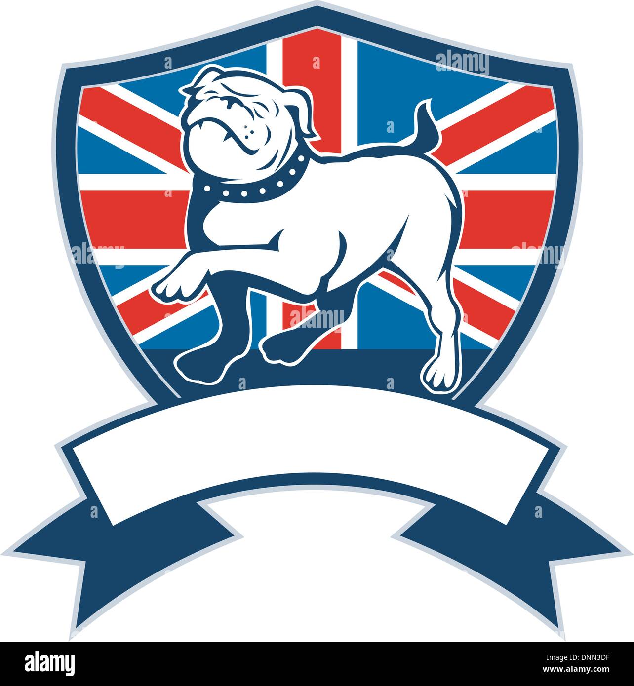 Illustrazione di un orgoglioso Bulldog inglese marciando con la Gran Bretagna o la bandiera britannica in background imposta all'interno di una schermatura con nastro o scorrere in primo piano Illustrazione Vettoriale