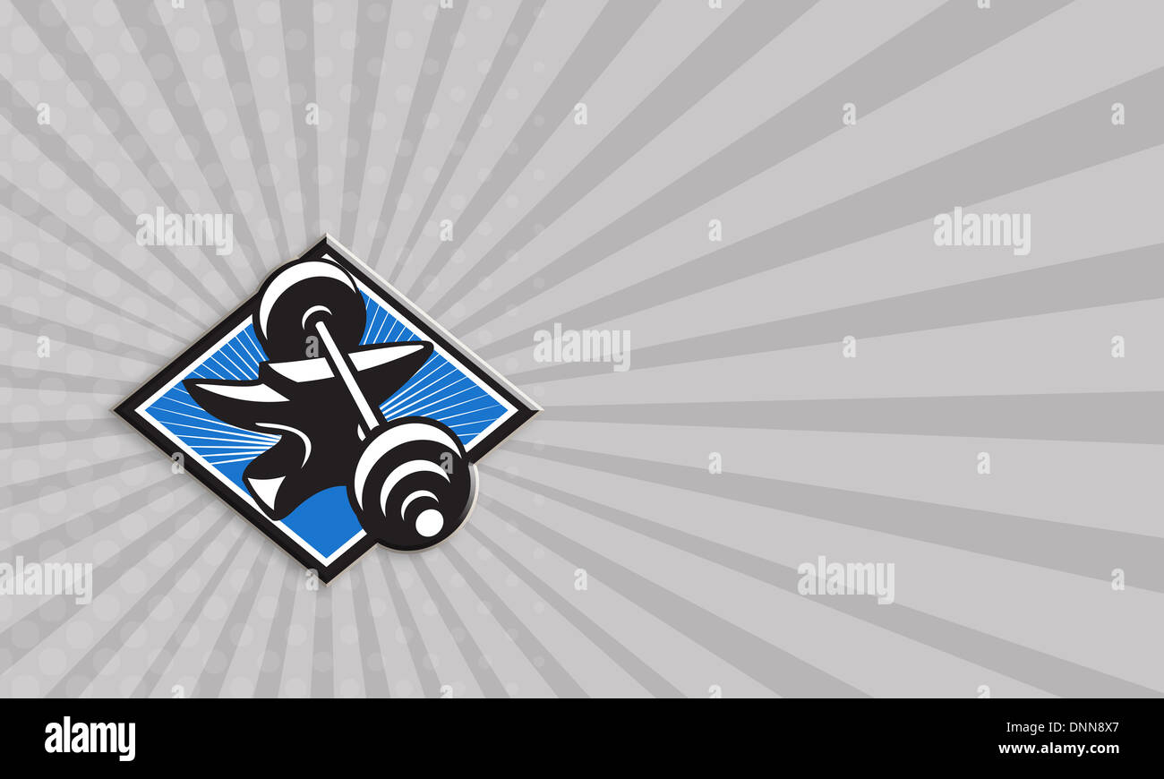 Business card template mostra illustrazione di un barbell sulla parte superiore dell'incudine insieme all'interno a forma di diamante fatto in stile retrò su sfondo isolato. Foto Stock