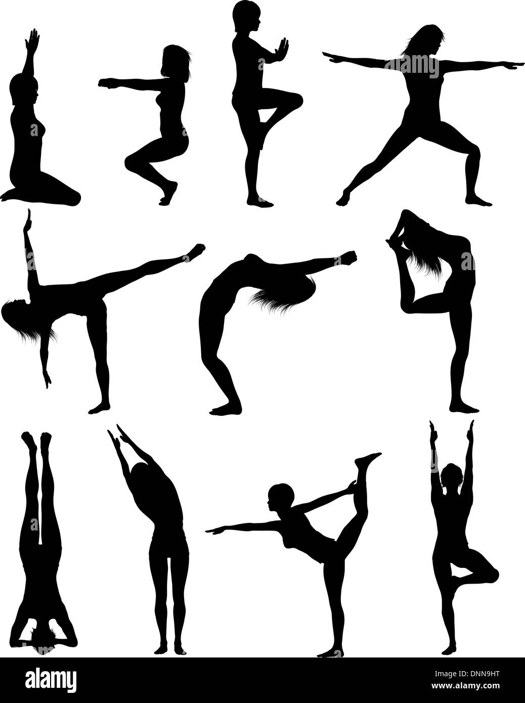 Silhouette di femmine in vari yoga pone Illustrazione Vettoriale