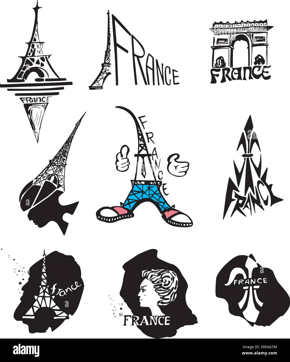 Originale set di loghi per il viaggio a Parigi e la Francia. Bianco e nero illustrazione vettoriale. Illustrazione Vettoriale