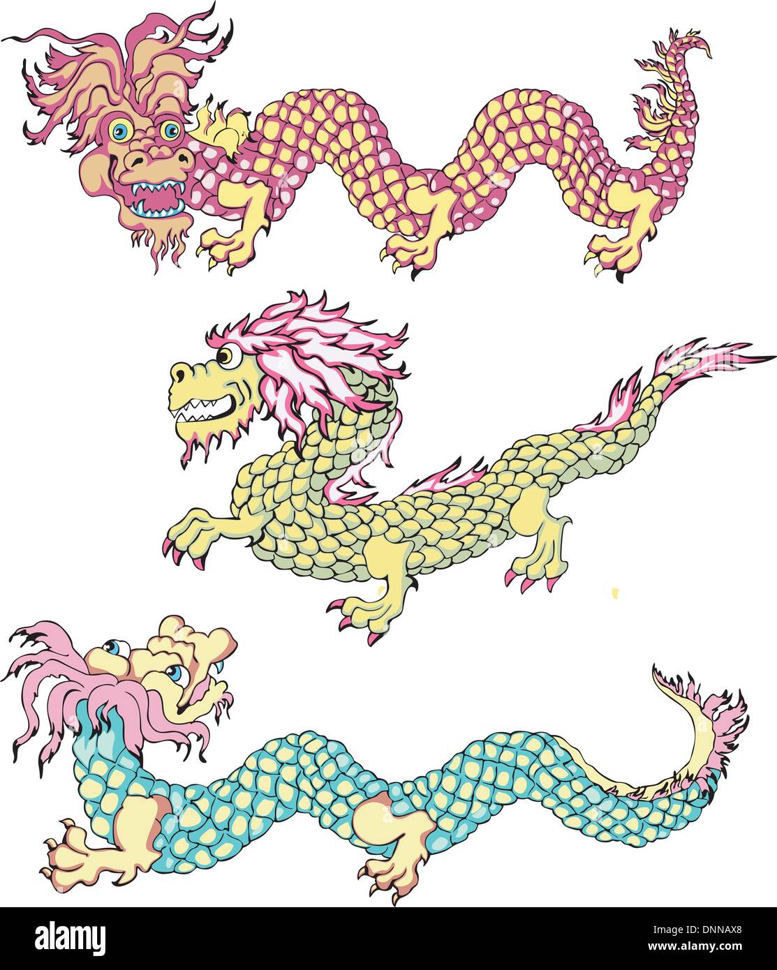Divertenti draghi cinesi. Impostare il colore di illustrazioni vettoriali. Illustrazione Vettoriale