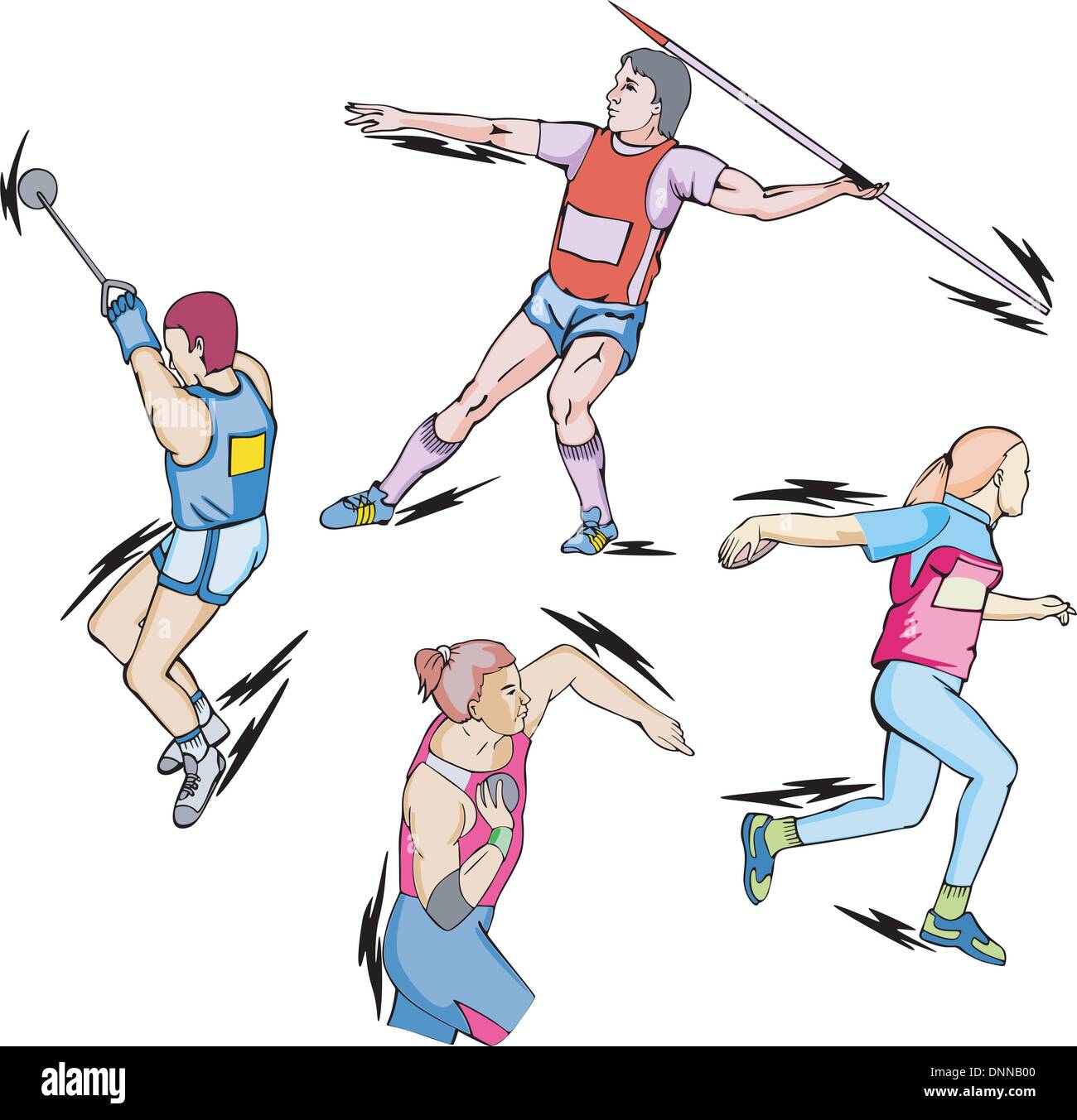 Atletica: colpo messo, Discus, il martello e il giavellotto. Impostare il colore di illustrazioni vettoriali. Illustrazione Vettoriale