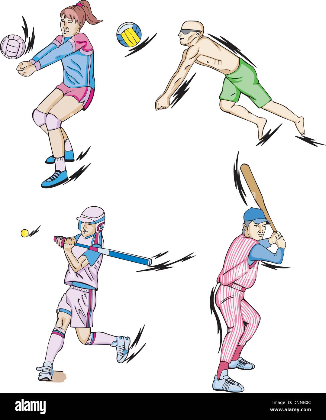 Sport di squadra: pallavolo (piscina e spiaggia) e il baseball. Impostare il colore di illustrazioni vettoriali. Illustrazione Vettoriale