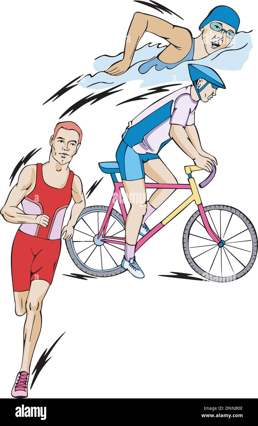 Triathlon: nuoto, ciclismo e running. Impostare il colore di illustrazioni vettoriali. Illustrazione Vettoriale