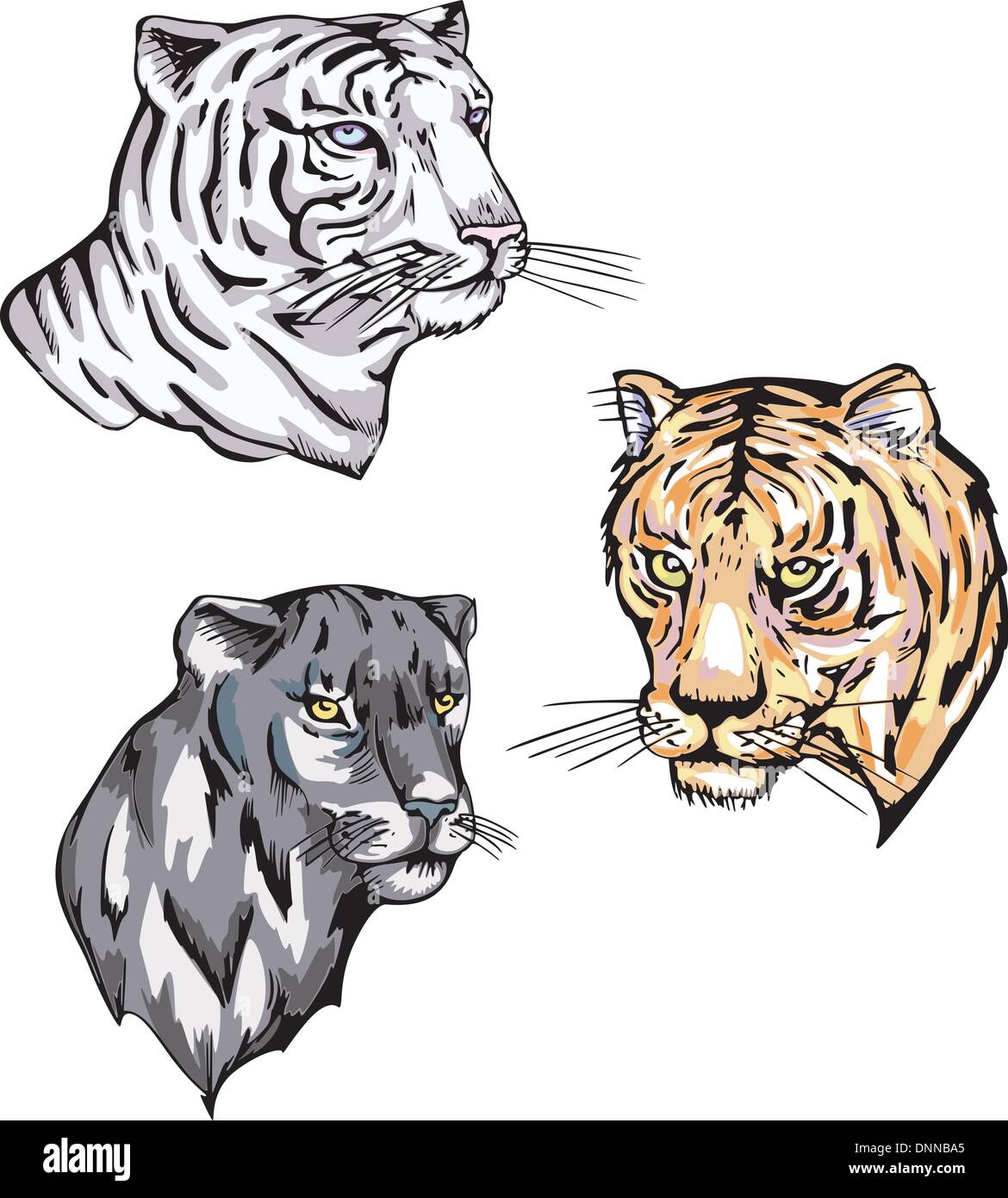 Totem - Panther e Tiger con segni solari. Serie di illustrazioni vettoriali. Illustrazione Vettoriale