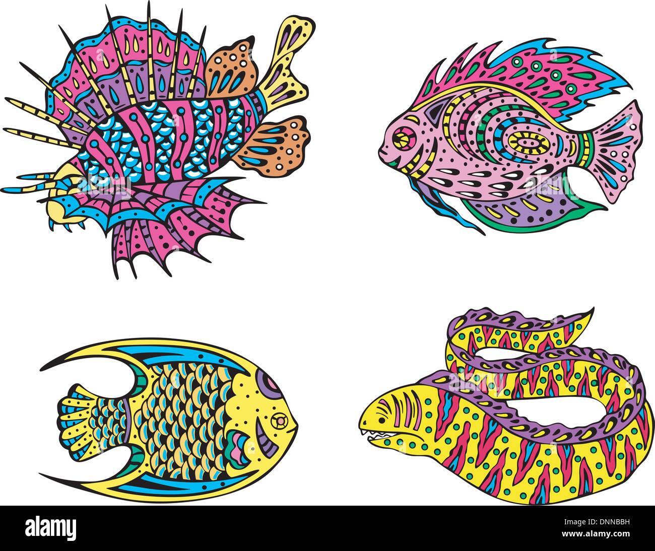 Stilizzata motley pesci. Impostare il colore di illustrazioni vettoriali. Illustrazione Vettoriale