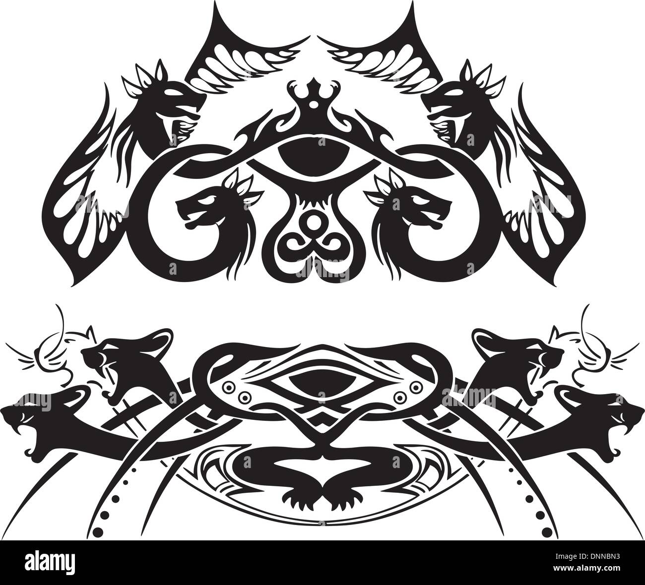 Stilizzata vignette simmetrica con draghi e gatti. Illustrazione vettoriale EPS8 Illustrazione Vettoriale