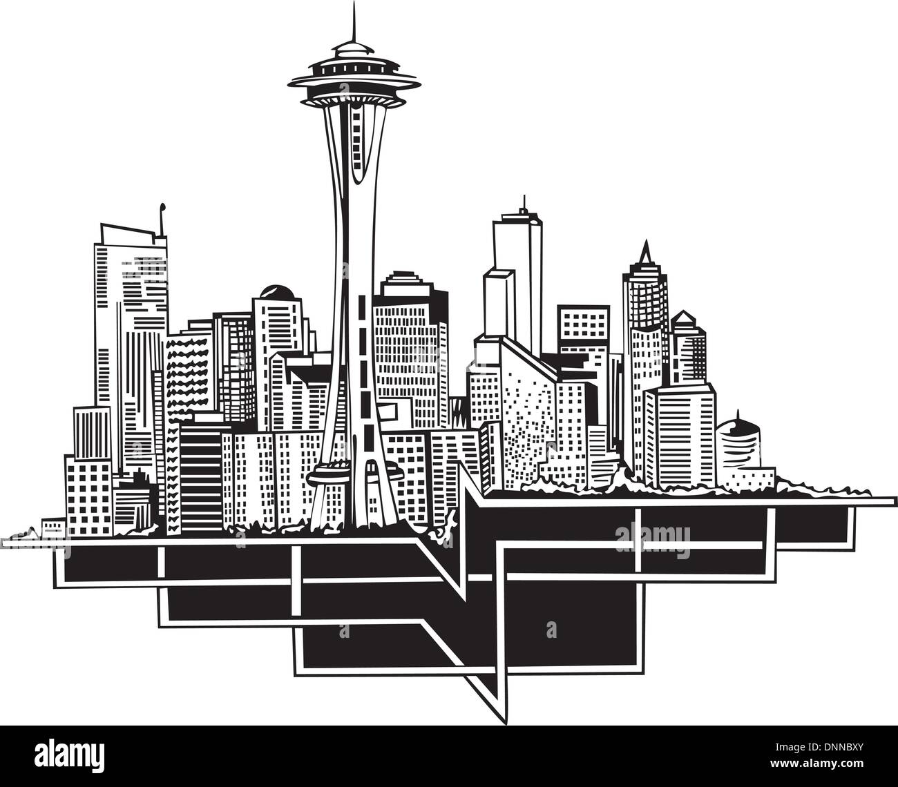 Seattle, WA Skyline. Bianco e nero illustrazione vettoriale EPS 8. Illustrazione Vettoriale