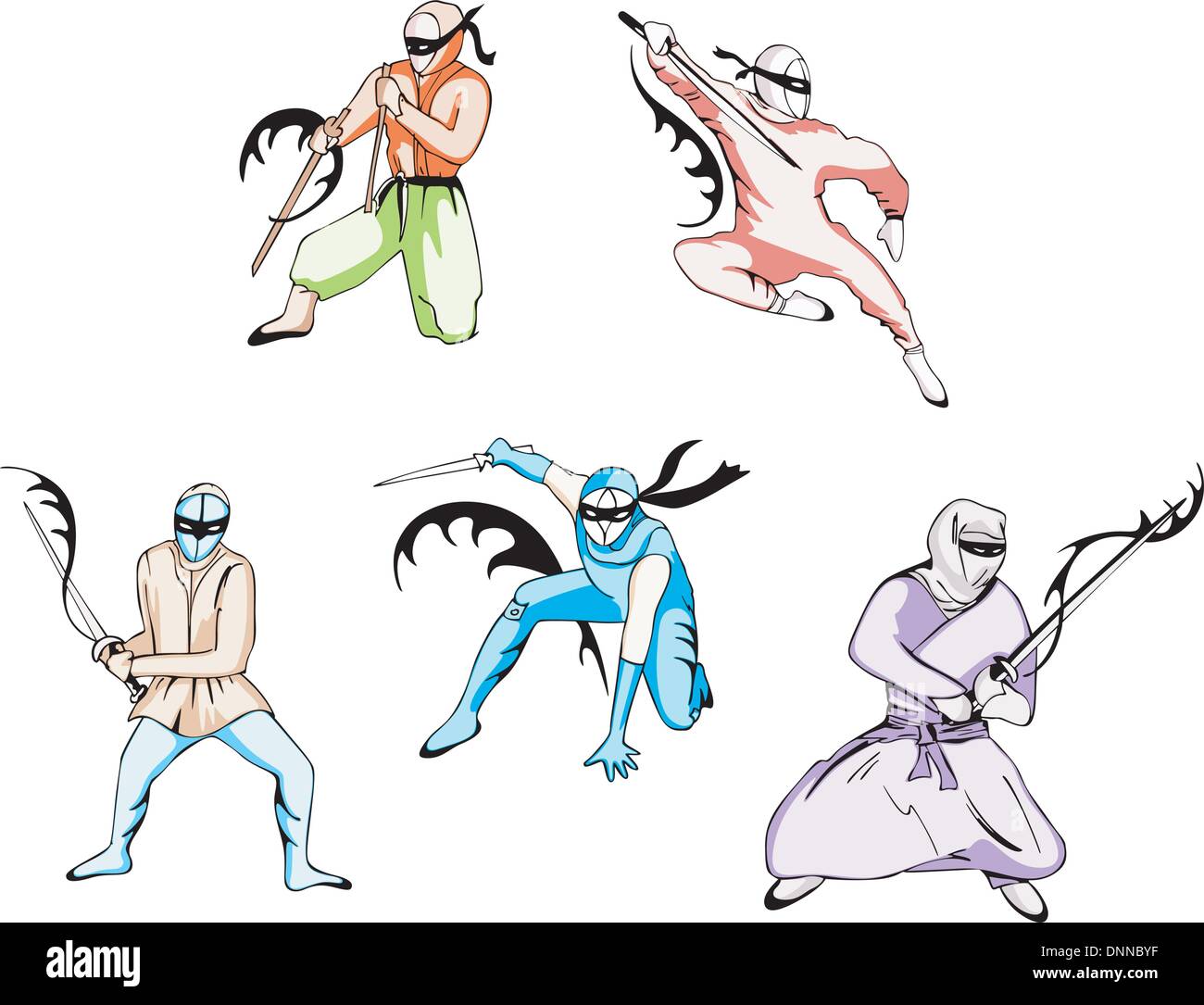 Set di vettore di giapponese ninja. Tatuaggi. Illustrazione Vettoriale