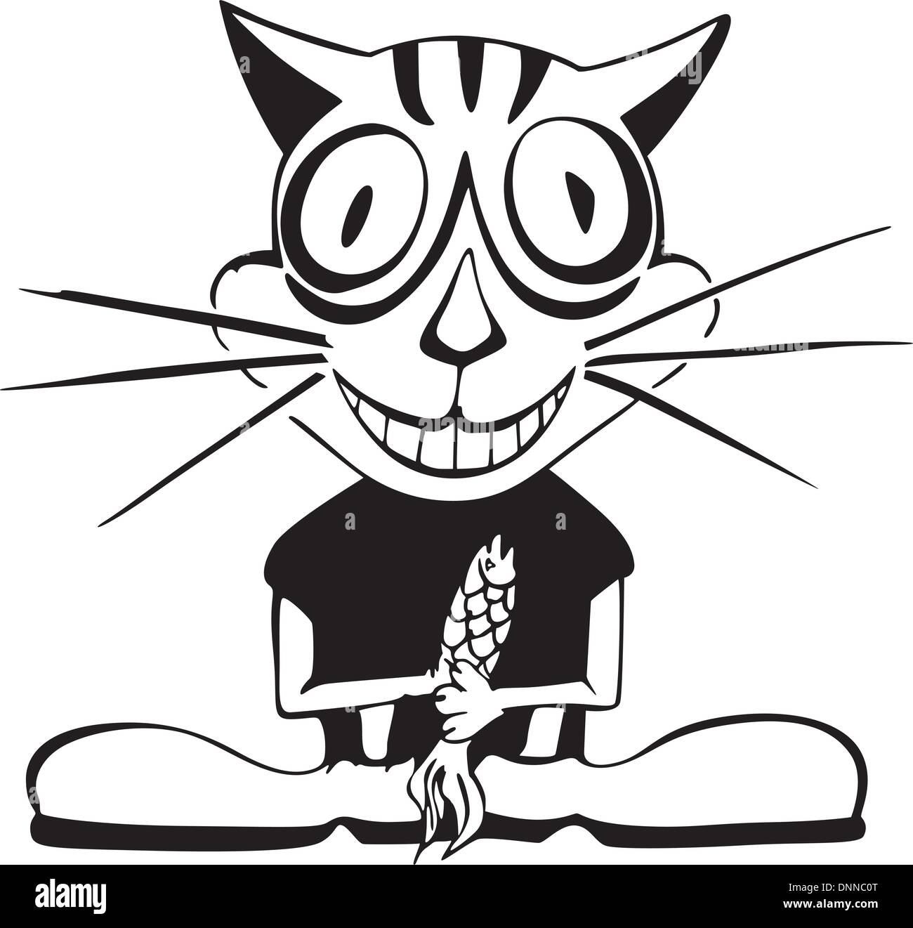 Crazy cat con un grande sorriso e gli occhi di felice, ha catturato un pesce. Vinil-ready illustrazione EPS, in bianco e nero sketch. Illustrazione Vettoriale