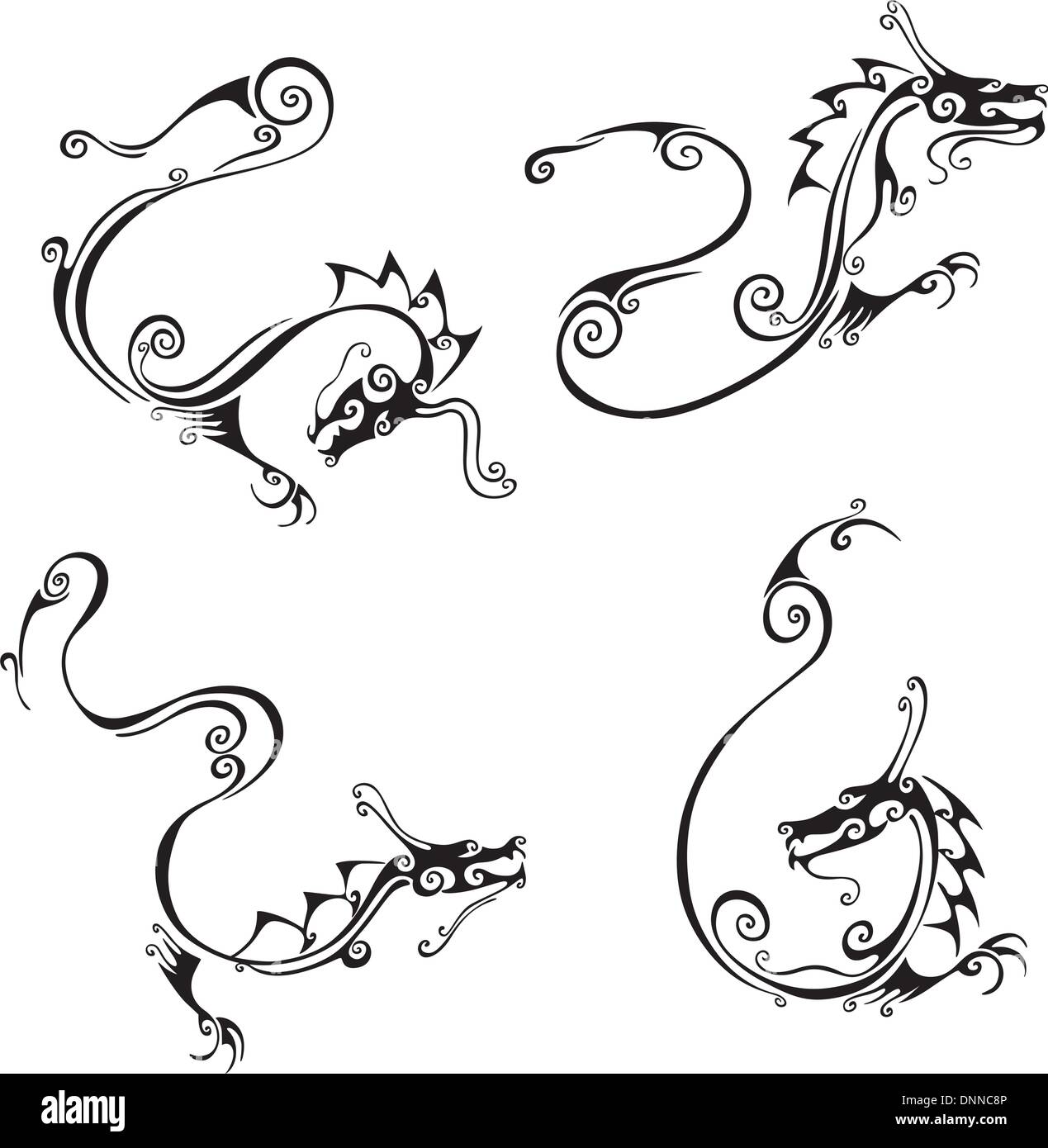 Squisito stilistica dragon tatuaggi. Set di bianco e nero illustrazioni vettoriali. Illustrazione Vettoriale