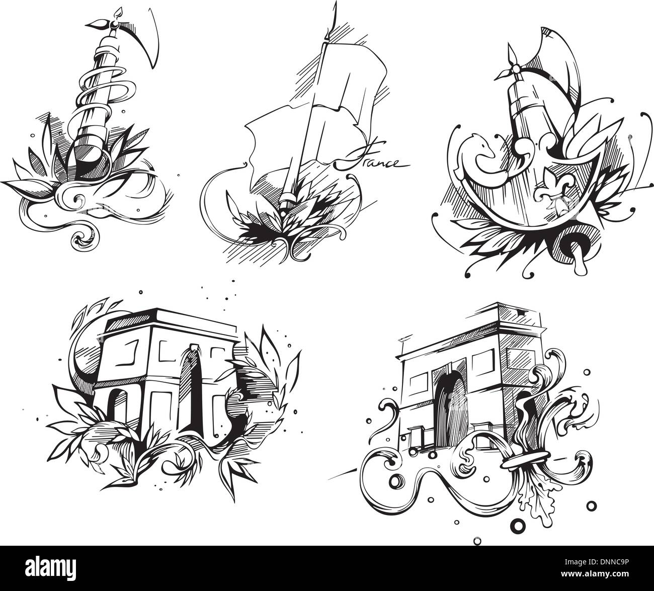 Vettore di set di simboli di francese. Bianco e nero illustrazioni vettoriali. Illustrazione Vettoriale
