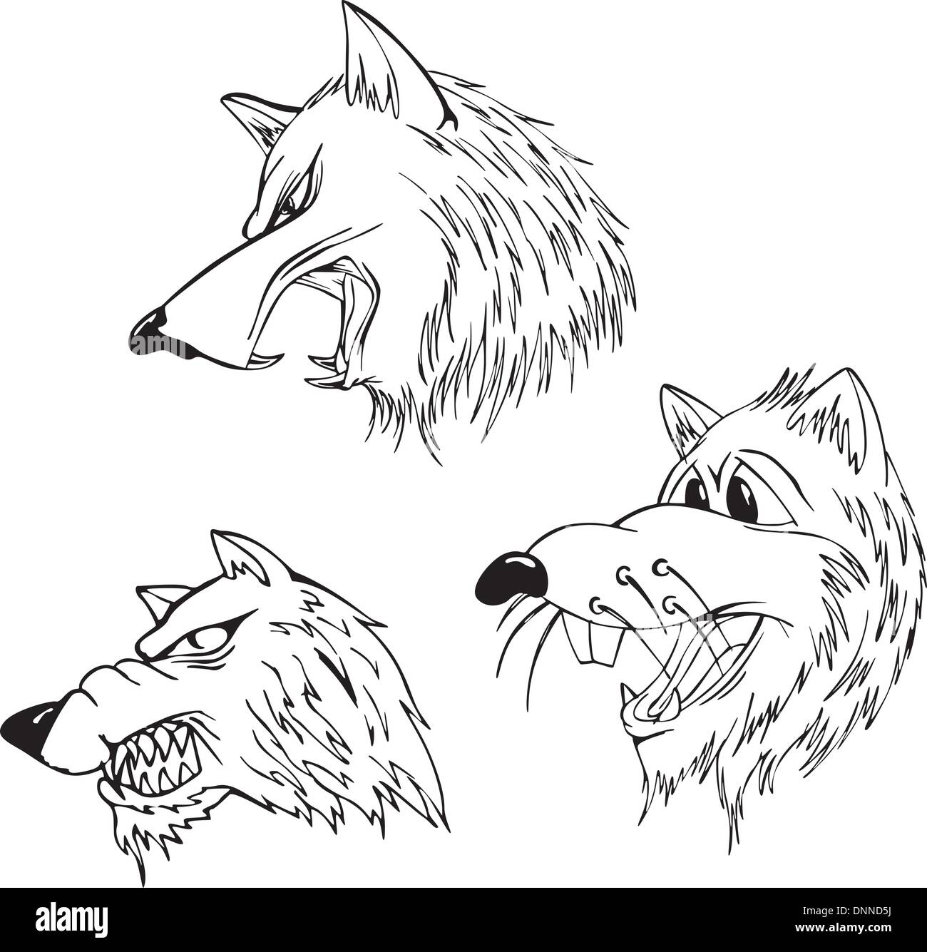 Aggressive teste di lupo. Set di bianco e nero vector tatuaggio disegni e modelli. Illustrazione Vettoriale