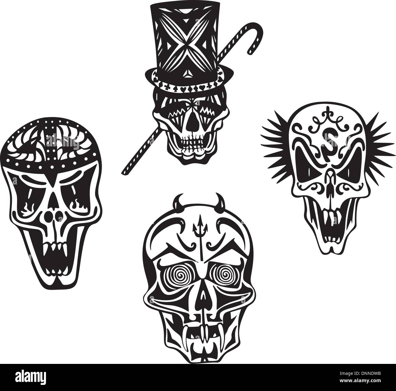 Teschi stilizzati. Set di bianco e nero illustrazioni vettoriali. Illustrazione Vettoriale