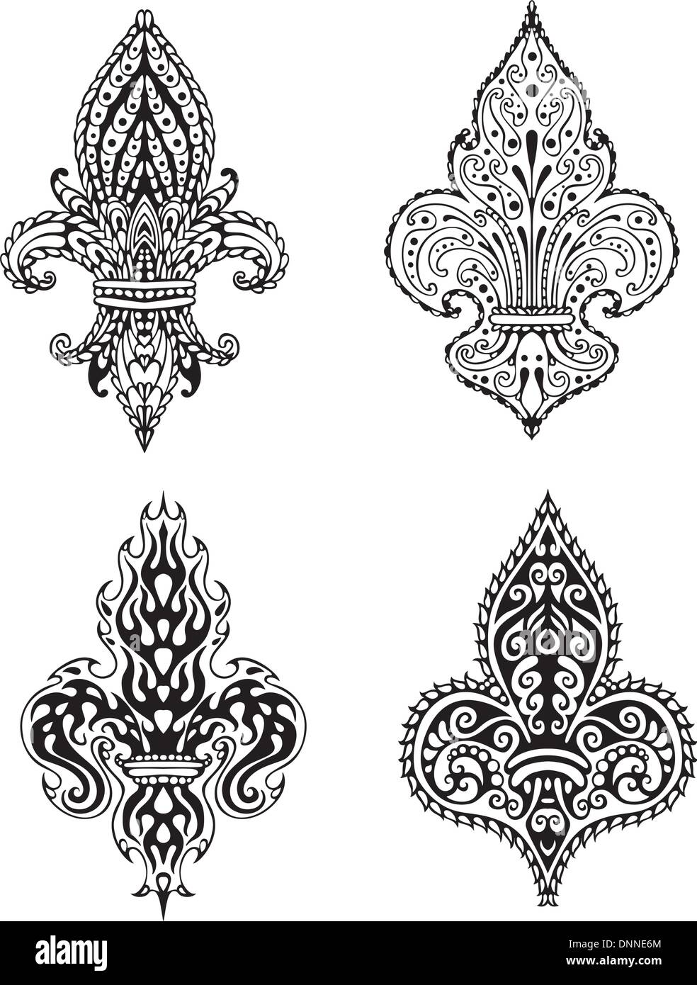 Fleur de Lis (francese gigli dei Borboni). Set di bianco e nero illustrazioni vettoriali. Illustrazione Vettoriale