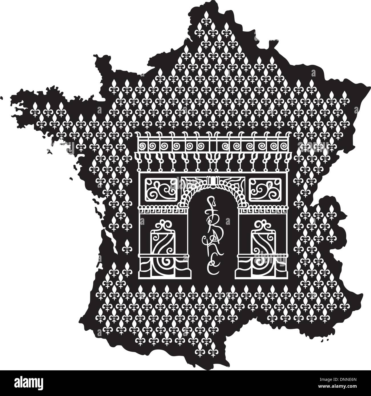Contorno di Francia con Arc de Triomphe. Bianco e nero illustrazione vettoriale. Illustrazione Vettoriale
