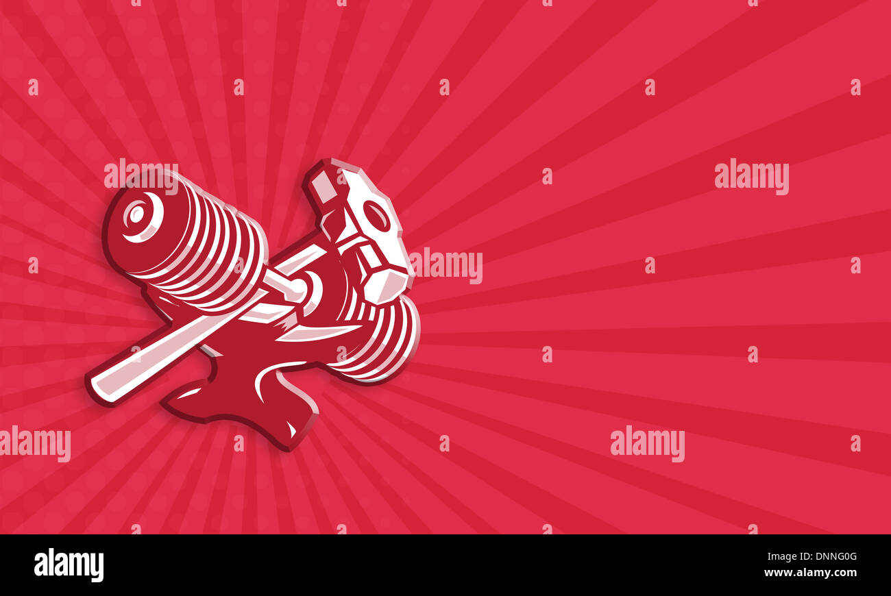 Business card template mostra illustrazione di un attraversato dumbbell barbell e mazza imposta all'interno di forma ovale fatto rétro xilografia stile. Foto Stock